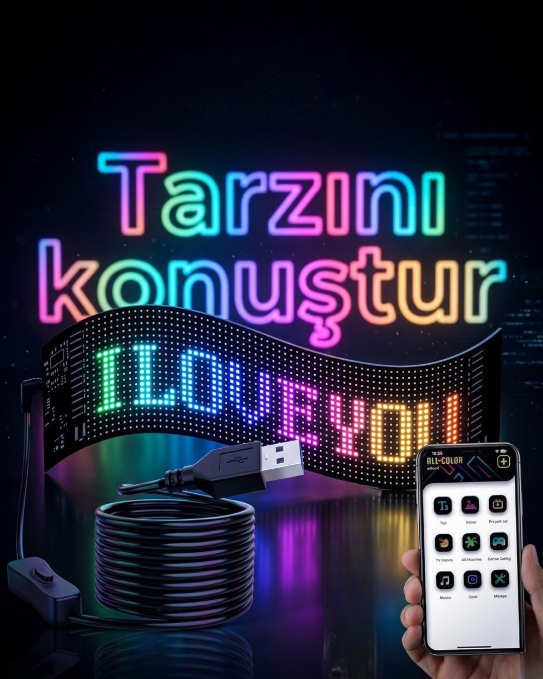 16x96 LED Yazı Paneli 60 cm Esnek RGB Işıklı Programlanabilir Ekran - Lisinya