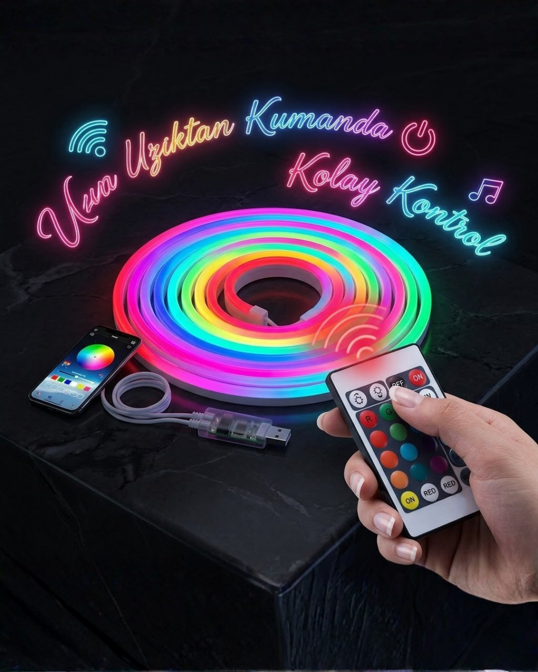 3 Metre RGB Akıllı Neon LED Şerit Işık Telefon ve Kumanda Kontrollü Ambiyans Aydınlatma - Lisinya