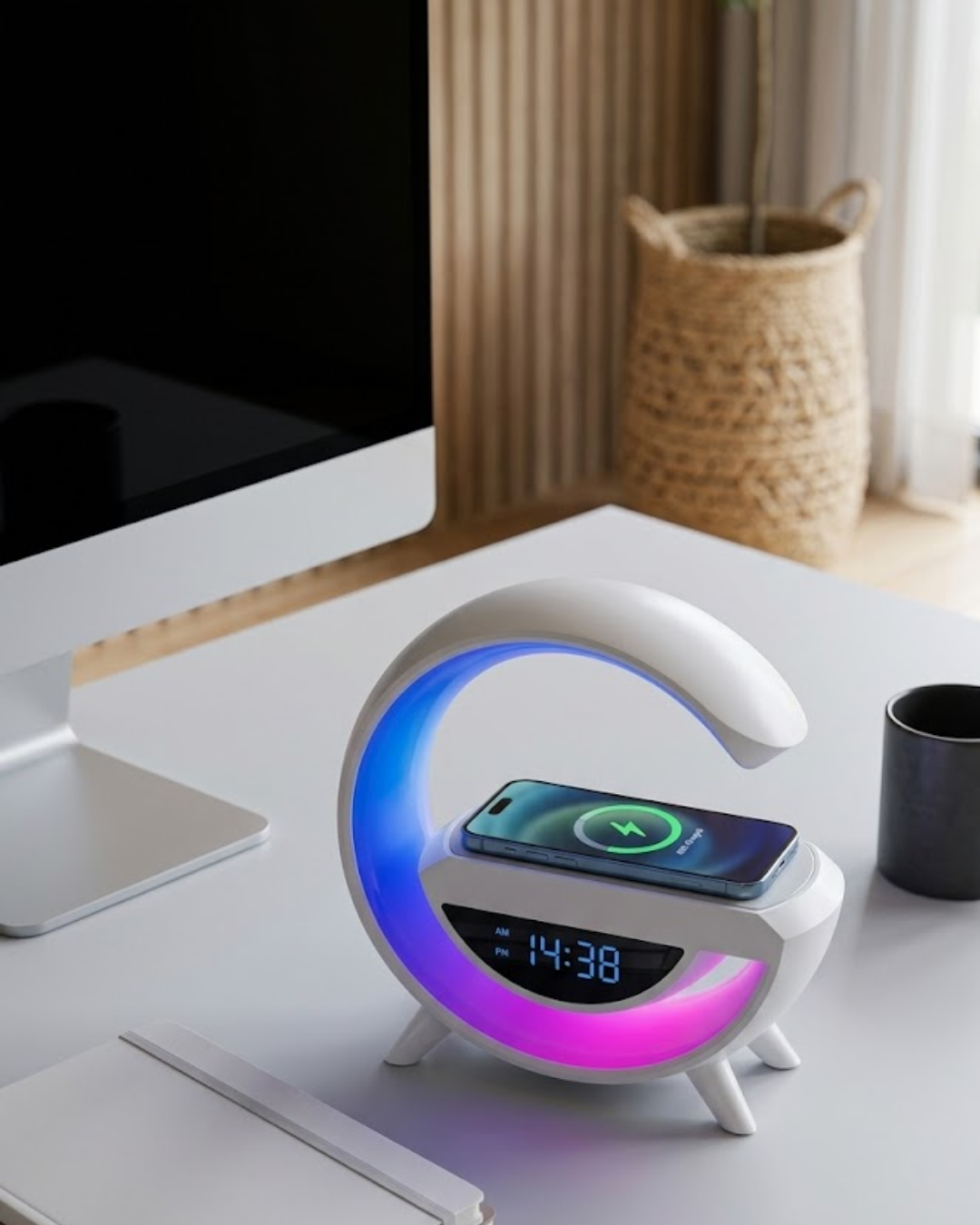 Kablosuz Şarjlı Bluetooth Hoparlör RGB Işık Gece Lambası Dijital Saat - Lisinya