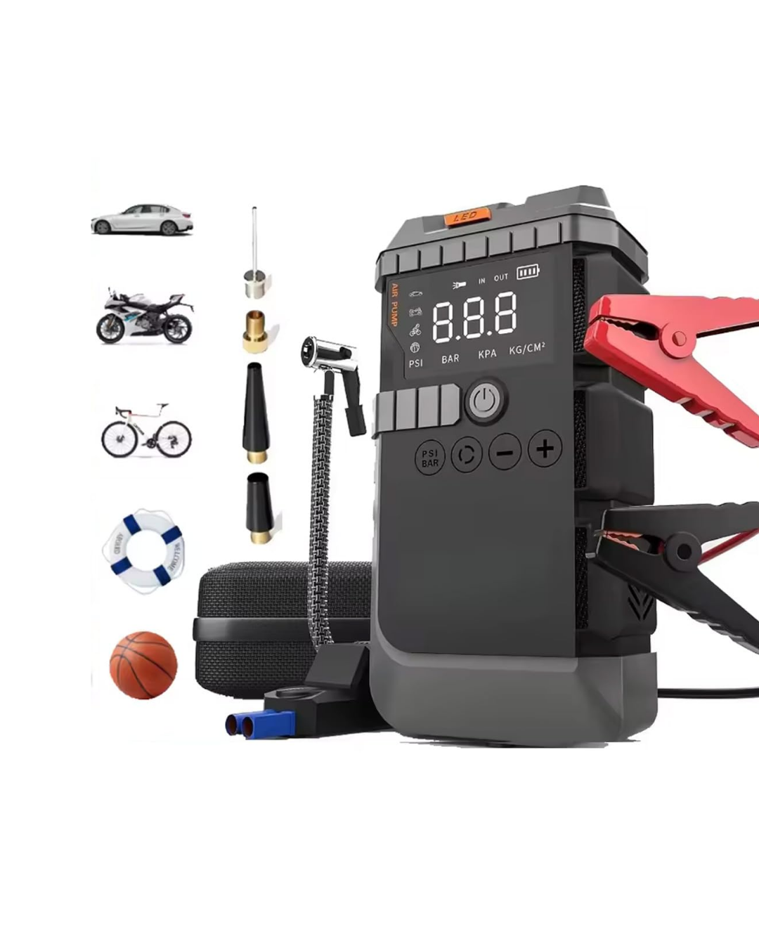 Taşınabilir Araç Çalıştırma Jump Starter Hava Pompası Dijital Basınç Göstergeli Güç Bankası - Lisinya