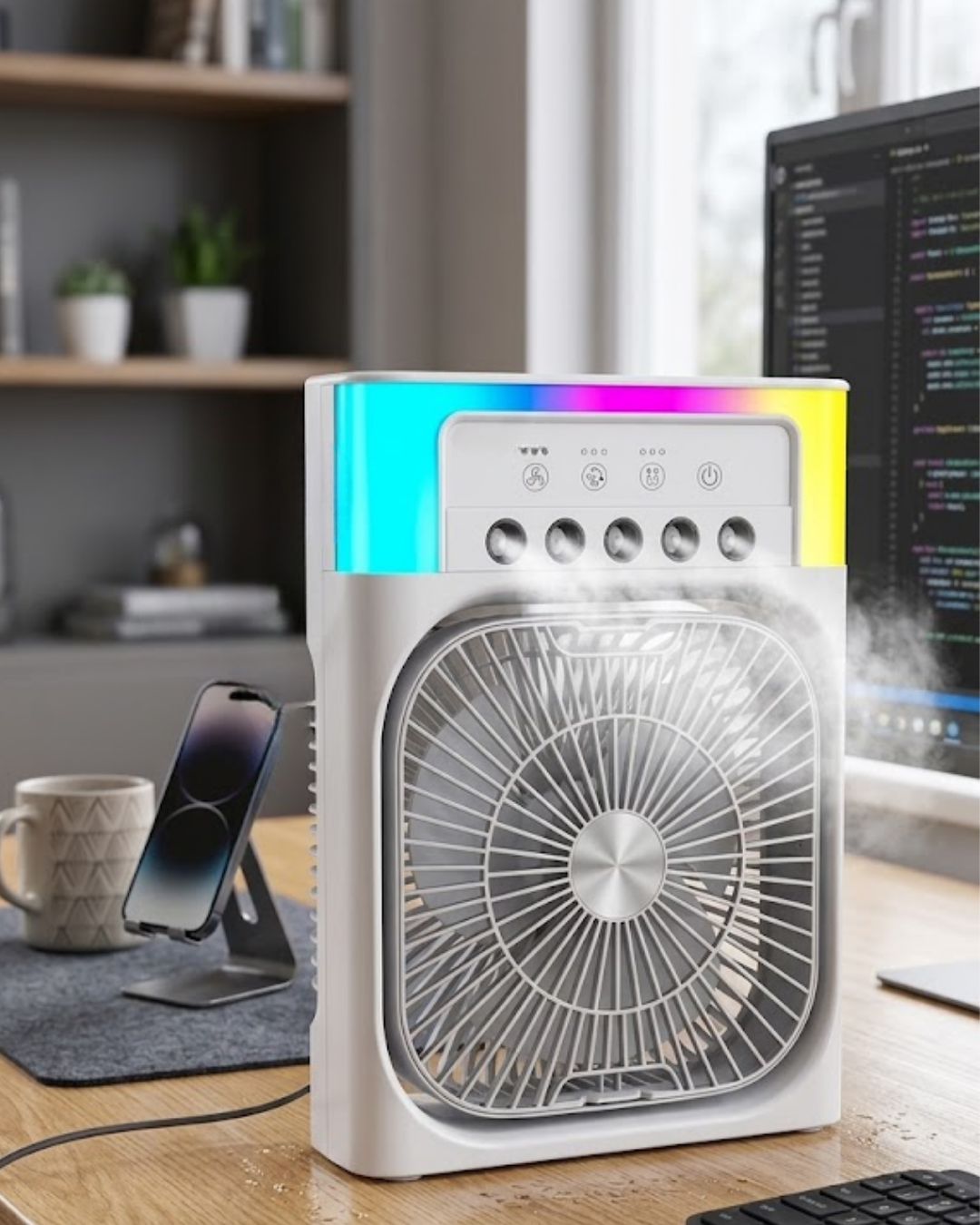 Su Püskürtmeli Mini Klima Fan USB Şarjlı Masaüstü Soğutucu RGB Işıklı - Lisinya