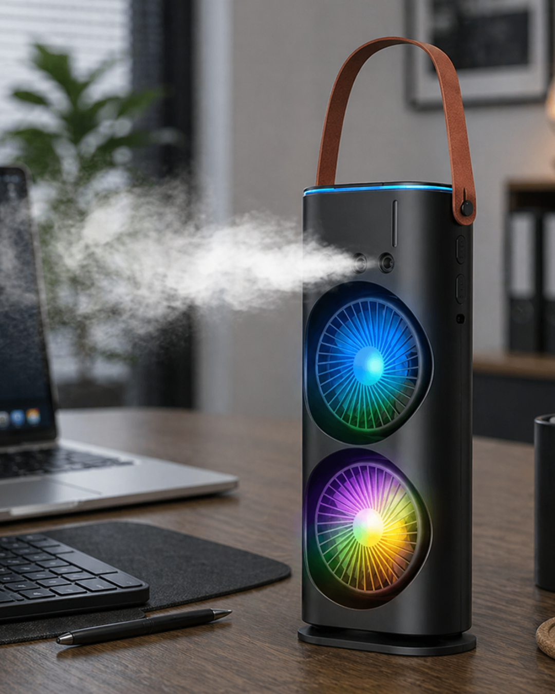 Çift Başlıklı Taşınabilir Fan RGB Işıklı Sprey Nemlendiricili Masaüstü Serinletici Fan - Lisinya