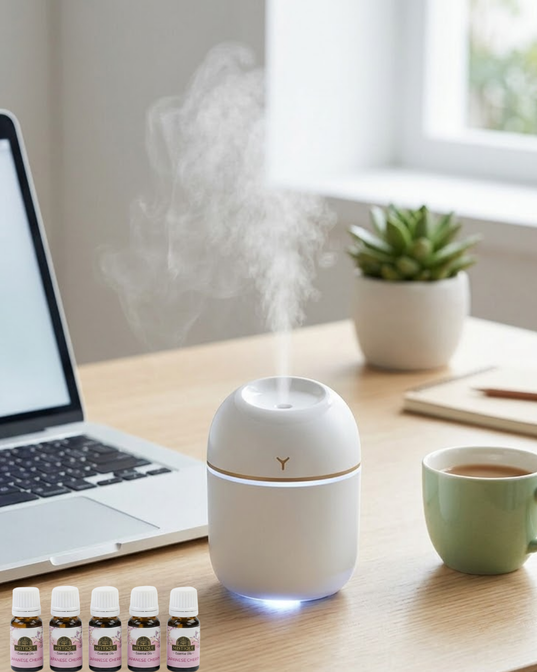 Mini Hava Nemlendirici USB Bağlantılı LED Işıklı 5 Esans Hediyeli Aromaterapi Difüzörü - Lisinya