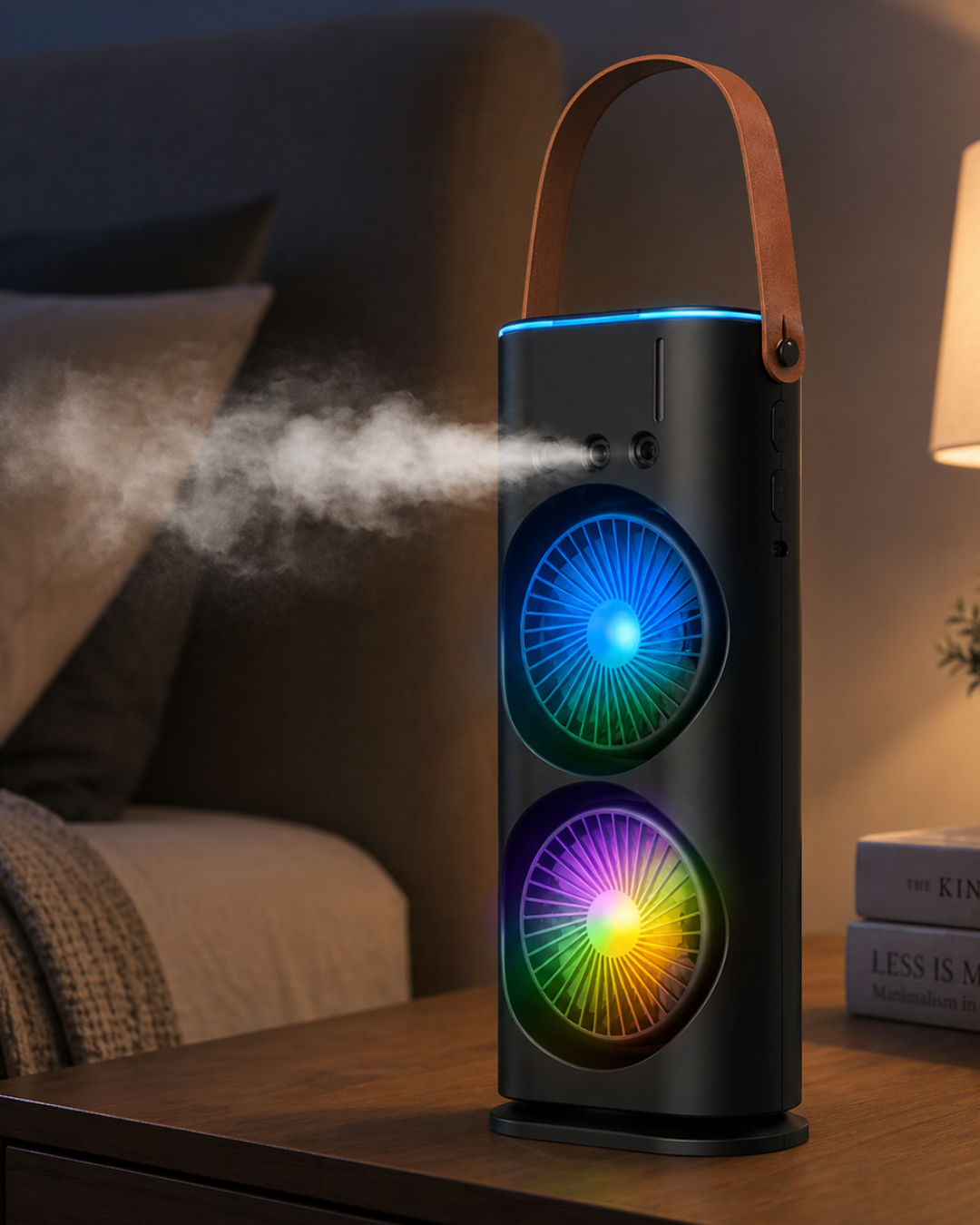 USB Şarjlı Çift Başlıklı Buharlı Masaüstü Fan Sessiz Serinletici Işıklı Fan - Lisinya