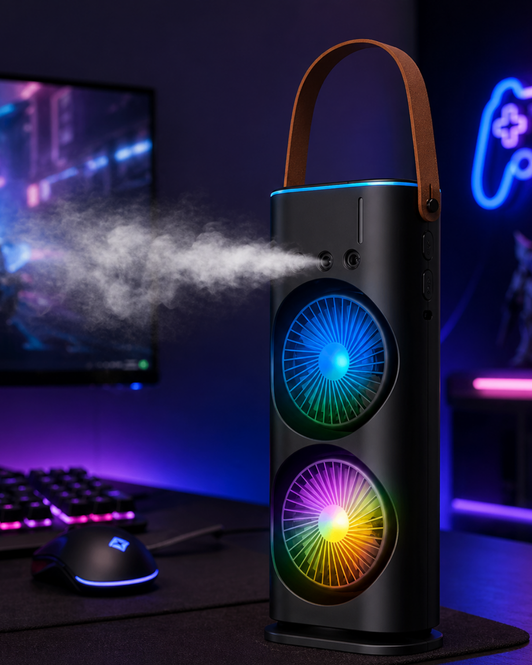 RGB Işıklı Spreyli Masa Fanı Çift Motorlu Güçlü Üflemeli Taşınabilir Fan - Lisinya