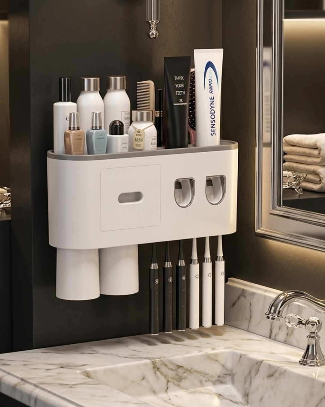 Çift Dispenserli Diş Macunu Sıkacağı 6 Fırçalık Bardaklı Banyo Organizer - Lisinya Çift Dispenserli Diş Macunu Sıkacağı 6 Fırçalık Bardaklı Banyo Organizer - Lisinya