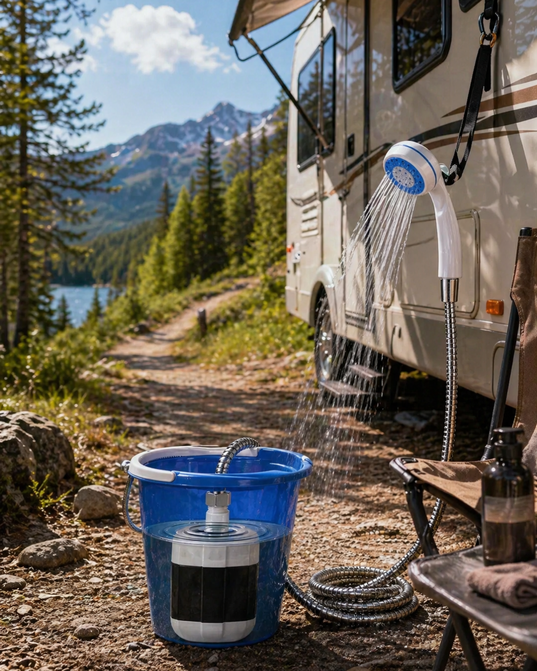 Kamp İçin Portatif Duş Başlıklı Su Çekme Pompası Seti - Lisinya