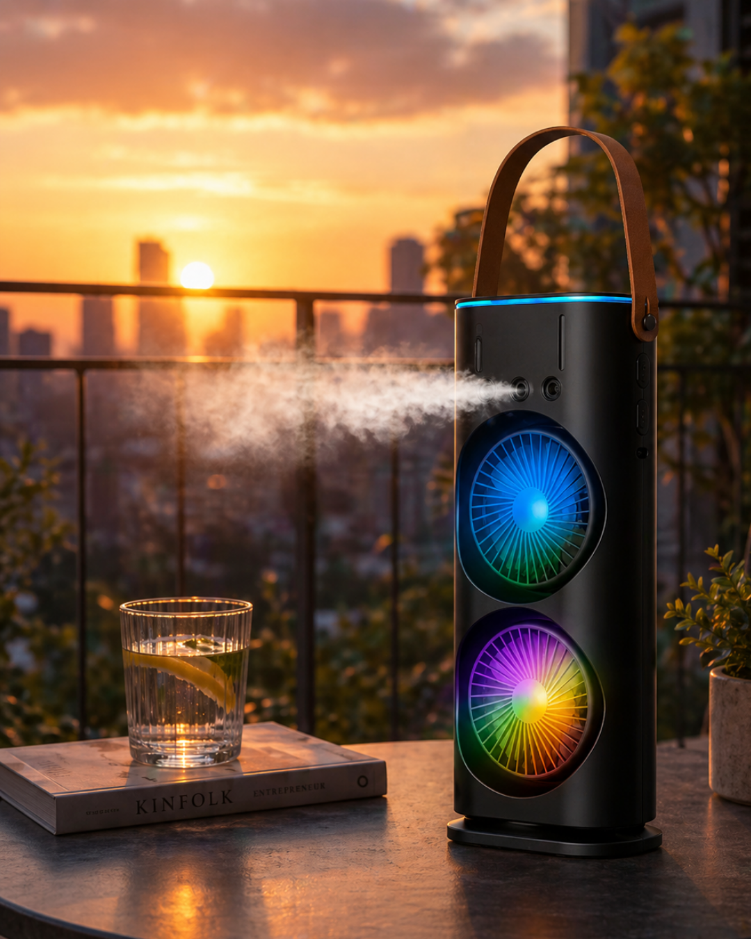 Şarjlı Buharlı Serinletici Fan RGB Işıklı Çift Pervaneli Masa Fanı - Lisinya