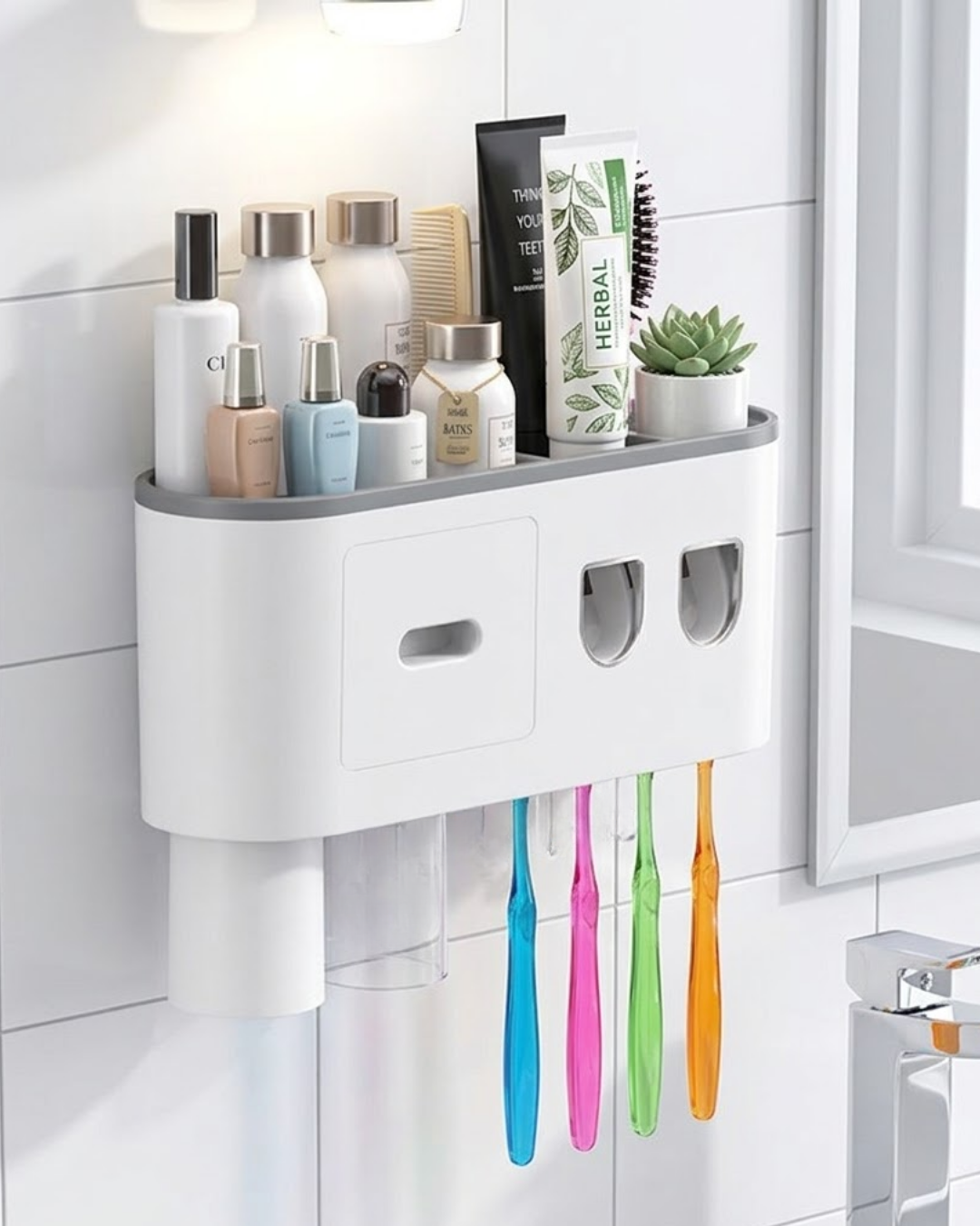 Banyo Organizer Diş Fırçası Tutucu Çift Dispenserli Raflı Çekmeceli - Lisinya Banyo Organizer Diş Fırçası Tutucu Çift Dispenserli Raflı Çekmeceli - Lisinya