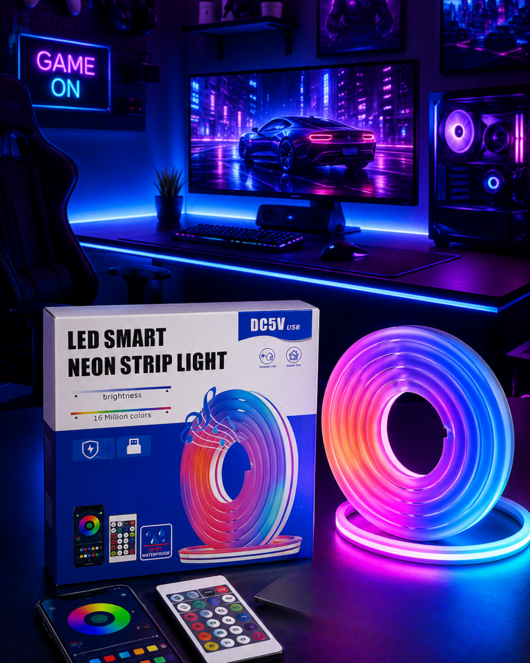 RGB Neon Led Şerit Işık Kumandalı USB Girişli Su Geçirmez Şerit Led - Lisinya