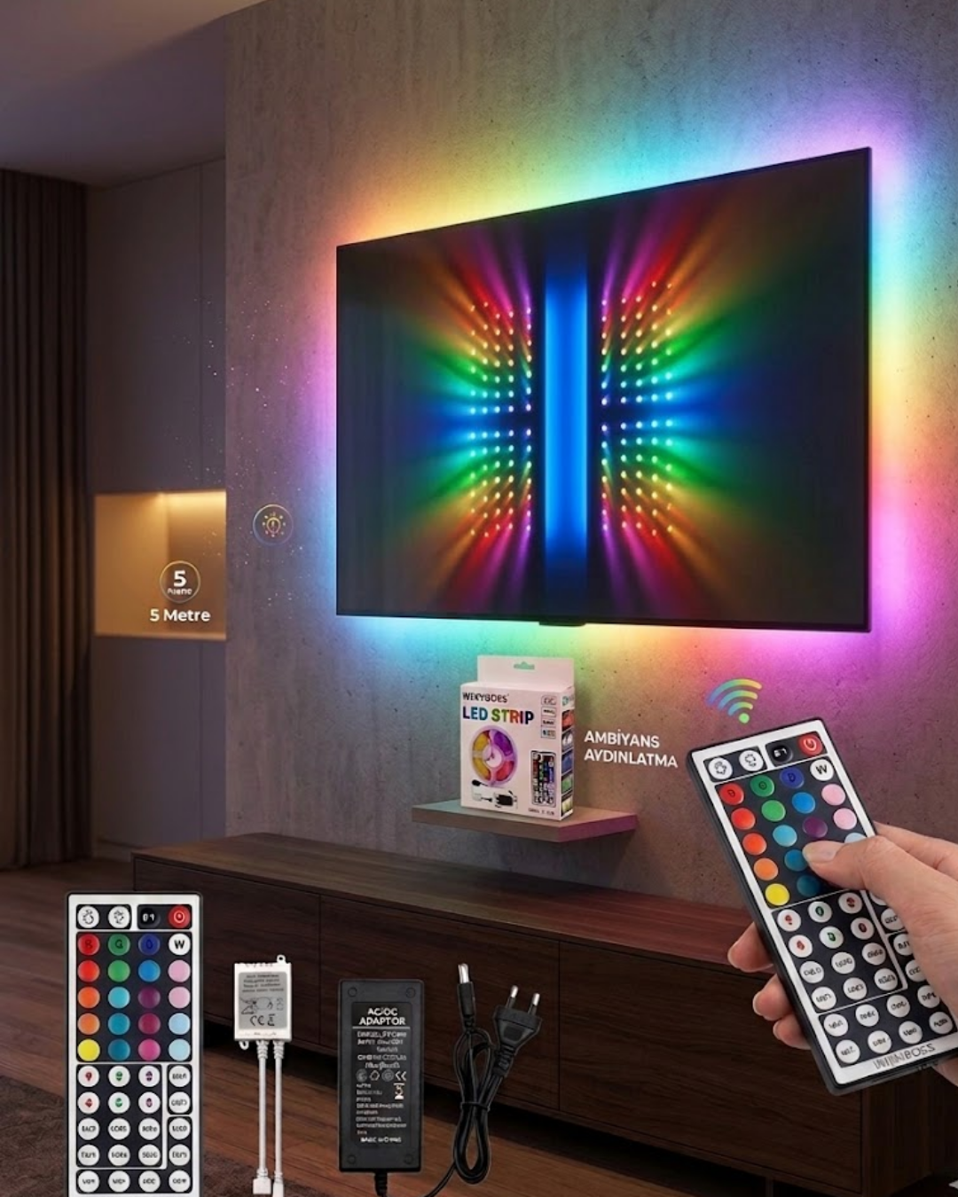 RGB LED Strip 5 Metre Kumandalı 5050 Şerit Led Dekorasyon Işığı - Lisinya RGB LED Strip 5 Metre Kumandalı 5050 Şerit Led Dekorasyon Işığı - Lisinya