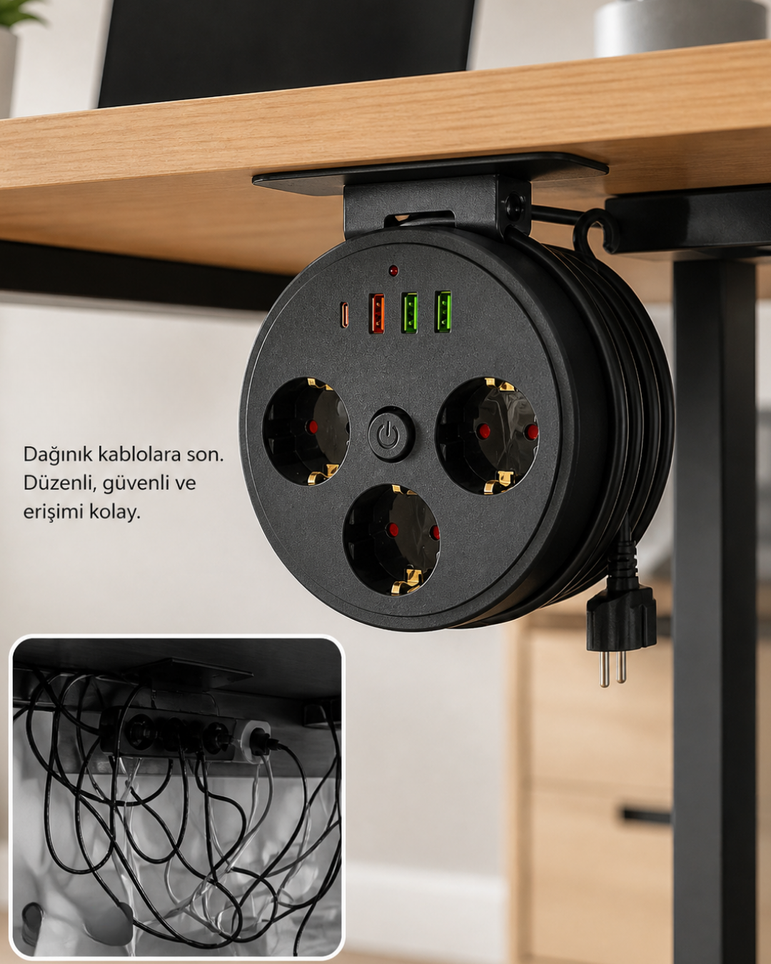 Akım Korumalı Priz USB ve Type C Girişli 3lü Priz 2 Metre Kablo Dayanıklı - Lisinya