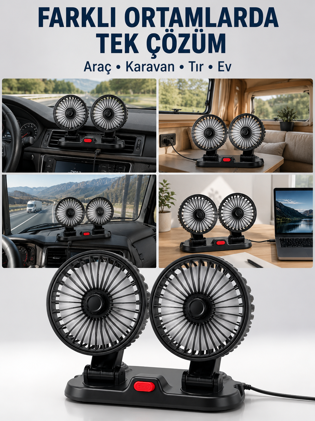 Araç, Karavan ve Tır İçin Çift Fanlı Mini Vantilatör - Lisinya