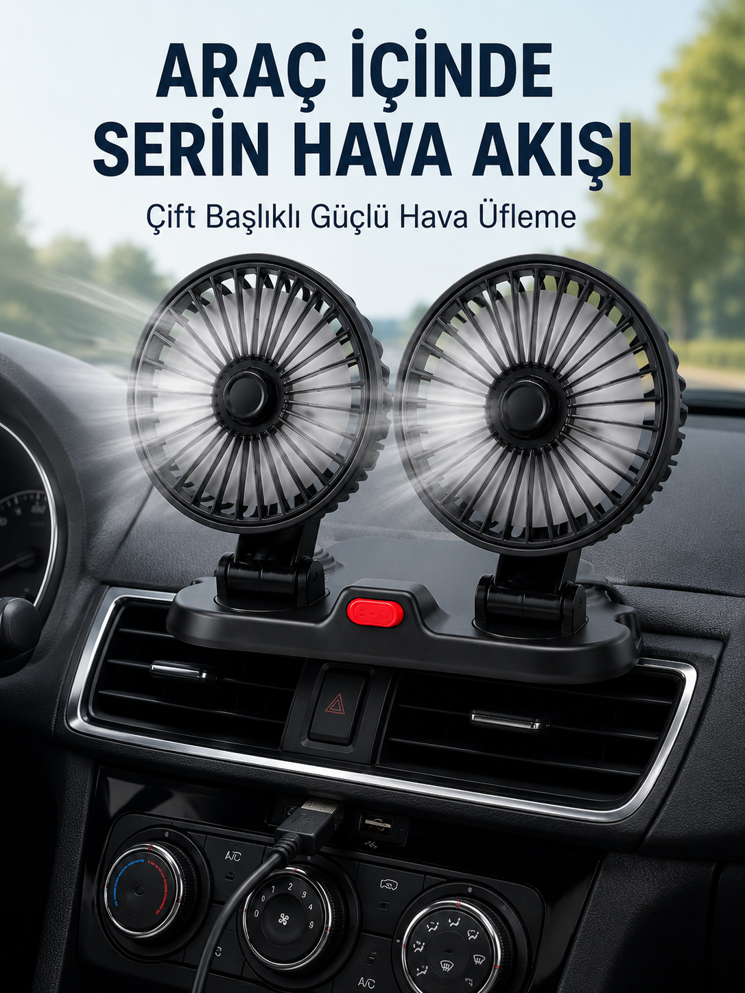 Ayarlanabilir Çift Başlıklı Sessiz Araç İçi Vantilatör - Lisinya