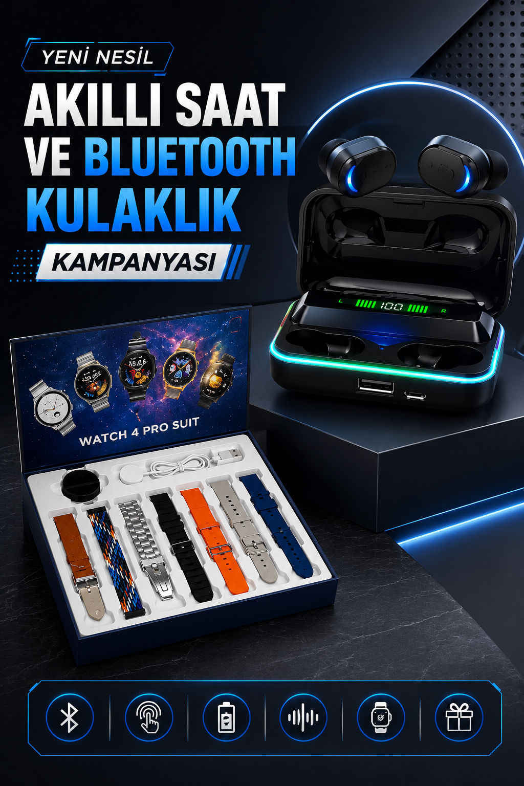 Powerbank Bluetooth Kulaklık Ve Akıllı Saat 7 Kordonlu Metal Kordon Plastik Kordon - Lisinya