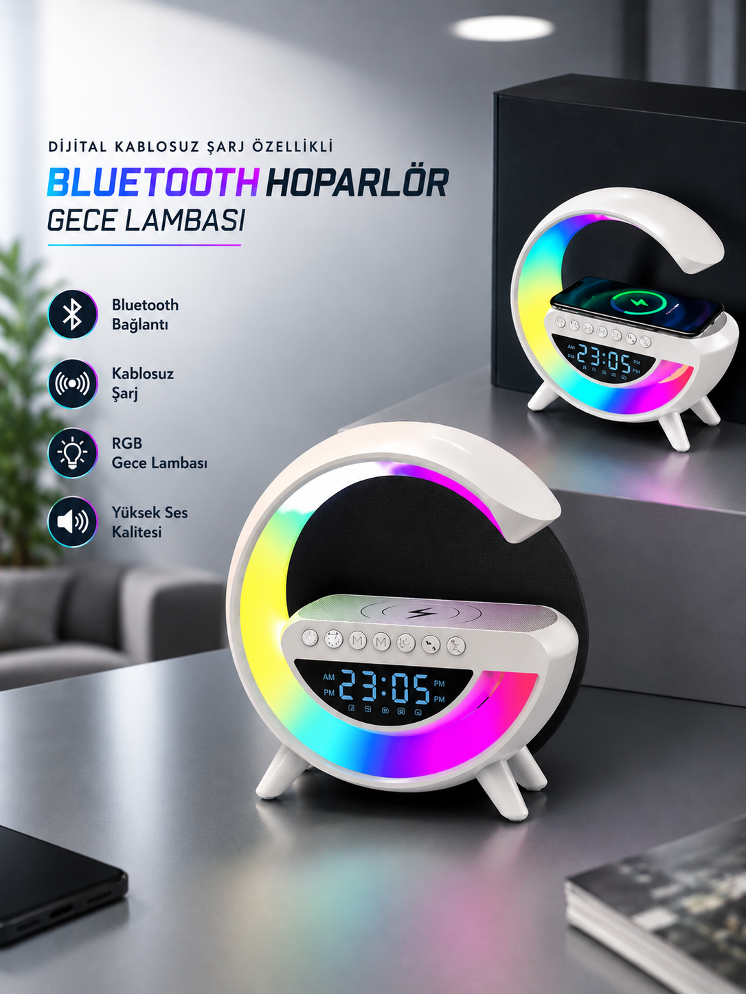 Bluetooth Hoparlör 15W Kablosuz Hızlı Şarj LED Gece Lambası - Lisinya