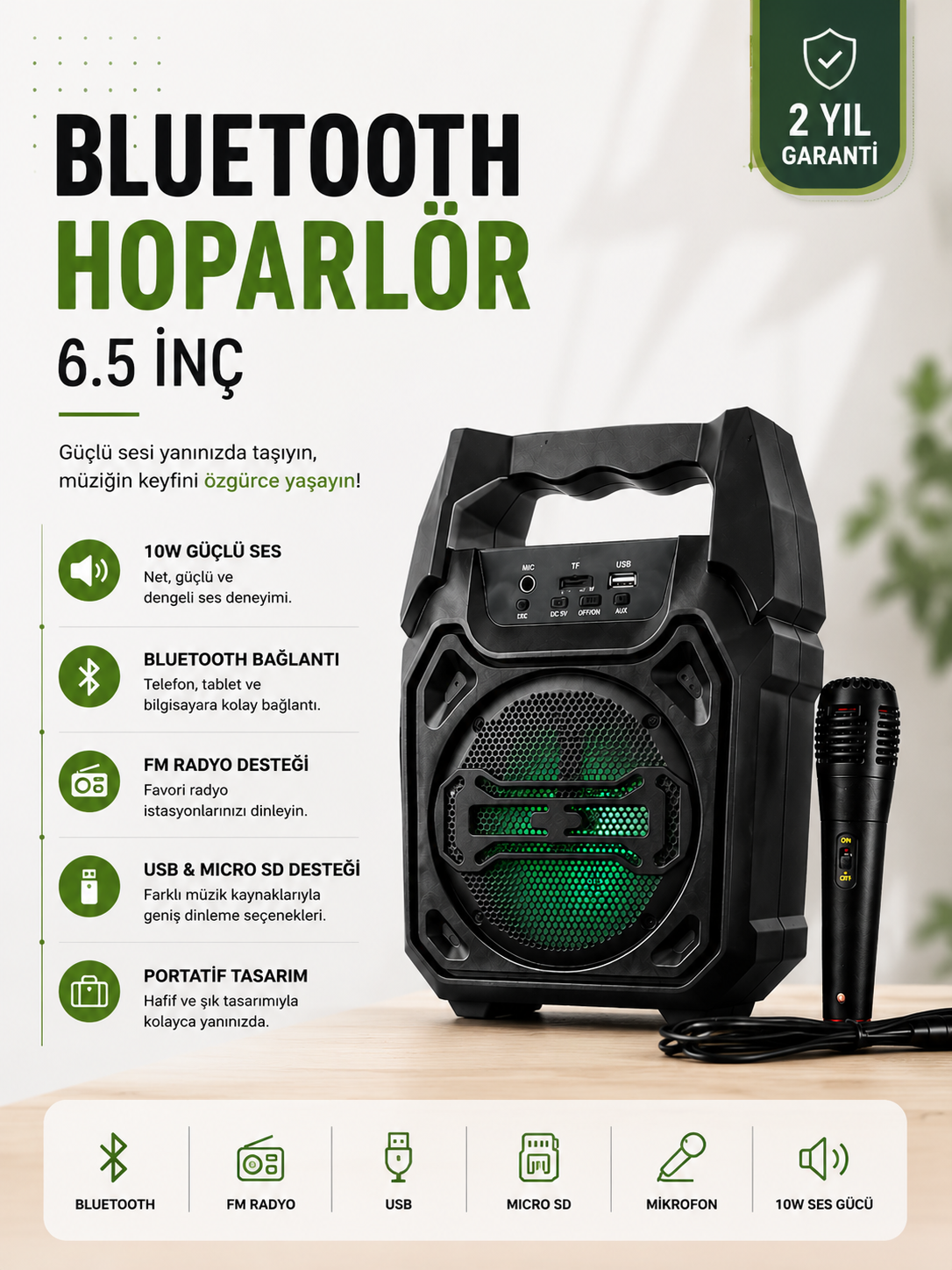 Yeni Nesil 6.5 İnç Bluetooth Hoparlör Mikrofonlu Taşınabilir Ses Sistemi - Lisinya