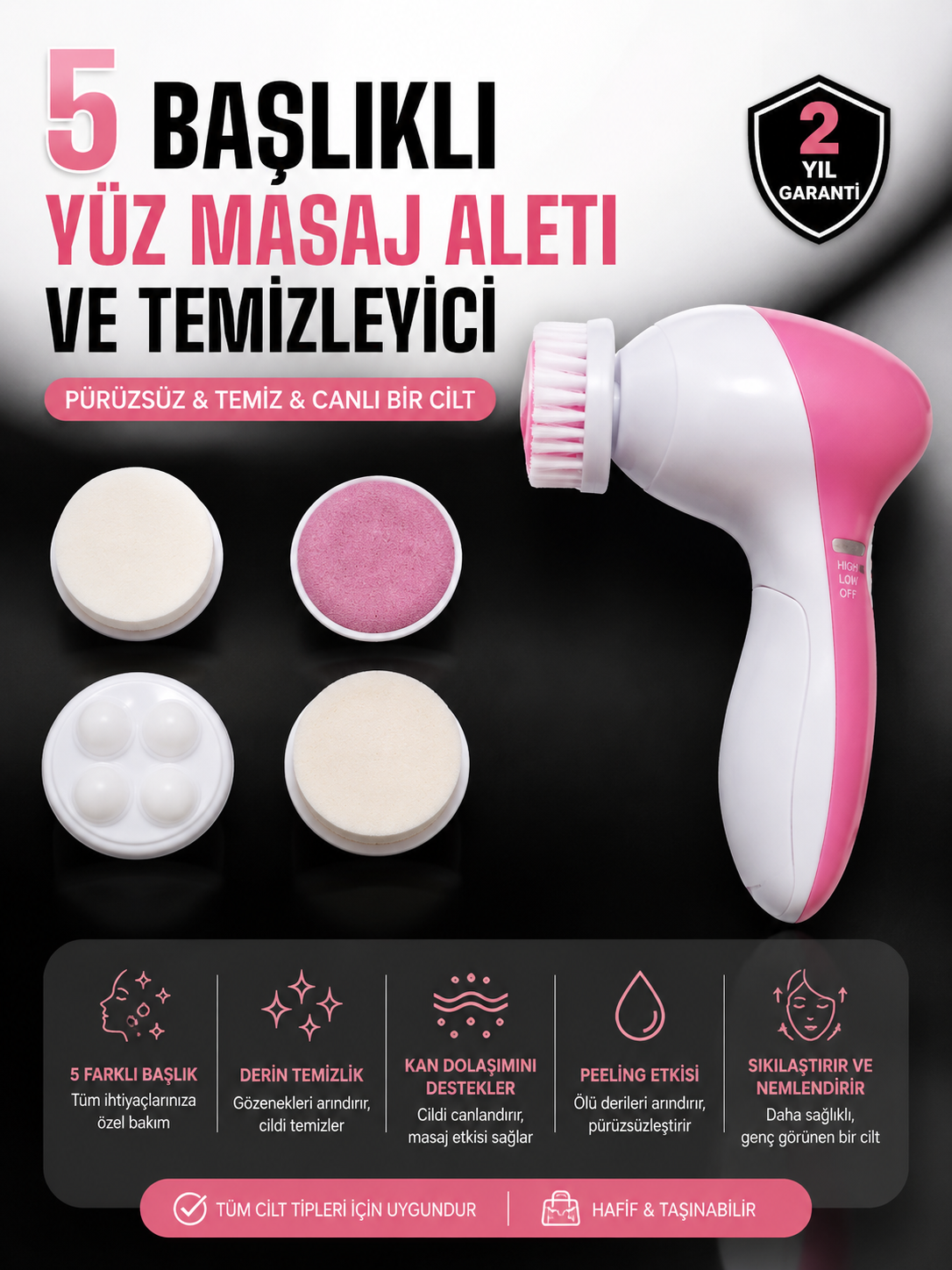 5 Fonksiyonlu Kablosuz Yüz Temizleme Cihazı ile Derinlemesine Cilt Bakımı - Lisinya 5 Fonksiyonlu Kablosuz Yüz Temizleme Cihazı ile Derinlemesine Cilt Bakımı - Lisinya