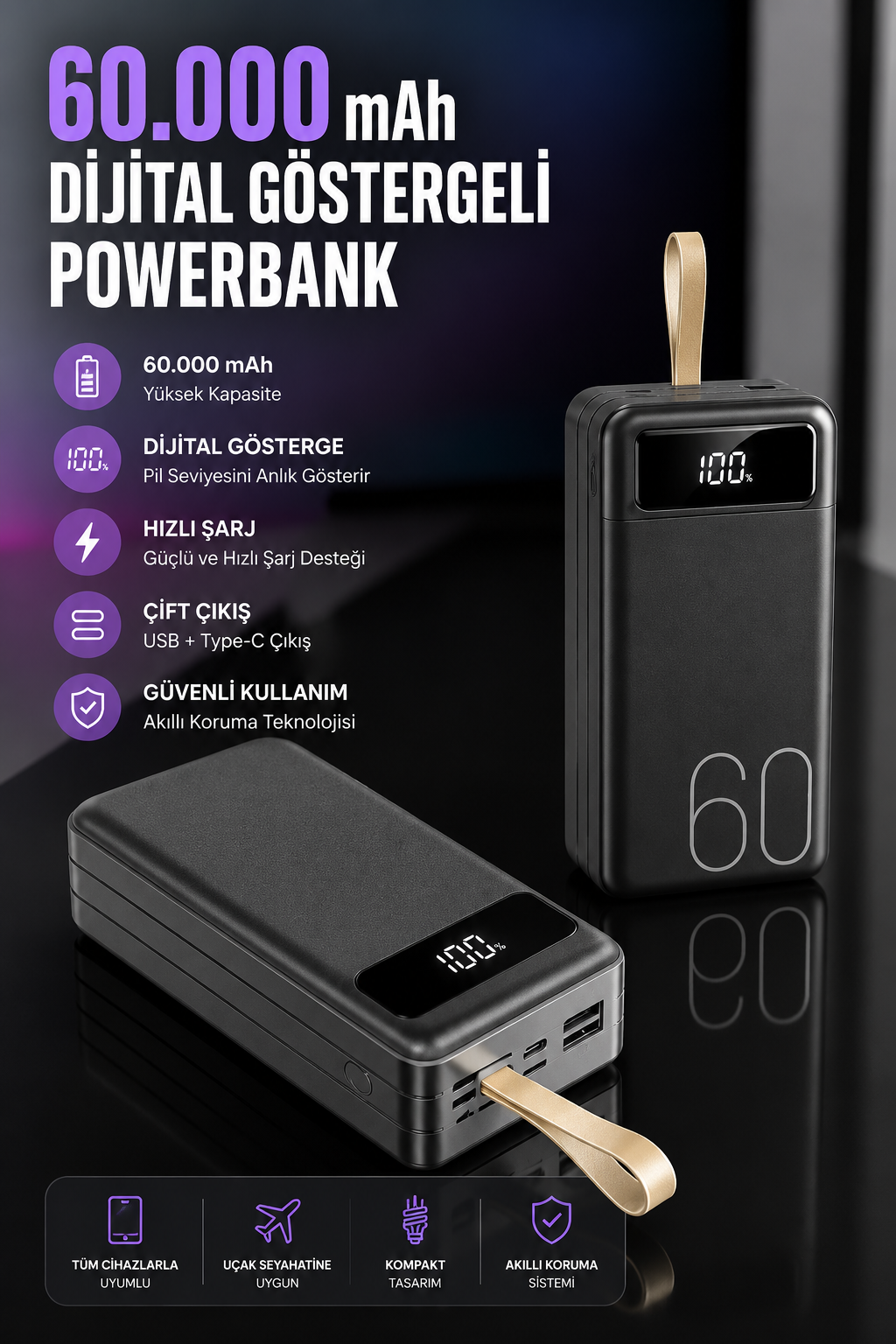 Powerbank 60.000 Mah Hızlı Şarj 4 Çıkışlı Uzun Şarj Süreli Dijital Göstergeli - Lisinya Powerbank 60.000 Mah Hızlı Şarj 4 Çıkışlı Uzun Şarj Süreli Dijital Göstergeli - Lisinya
