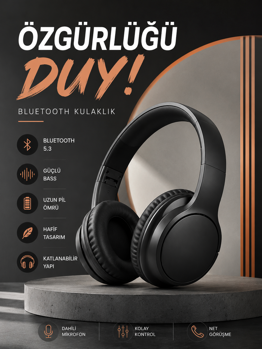 Kulak Üstü Bluetooth Kulaklık Ayarlanabiilir Uzun Pil Ömrü Kablosuz 5.0 Bluetooth - Lisinya