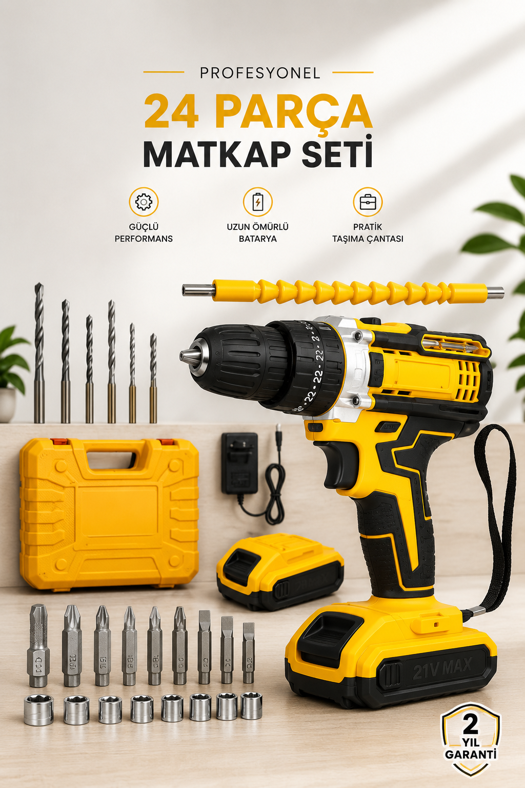 24 Parça Çift Bataryalı Şarjlı Matkap Seti 24W Motor ve Otomatik Mil Kilitli Tasarım - Lisinya