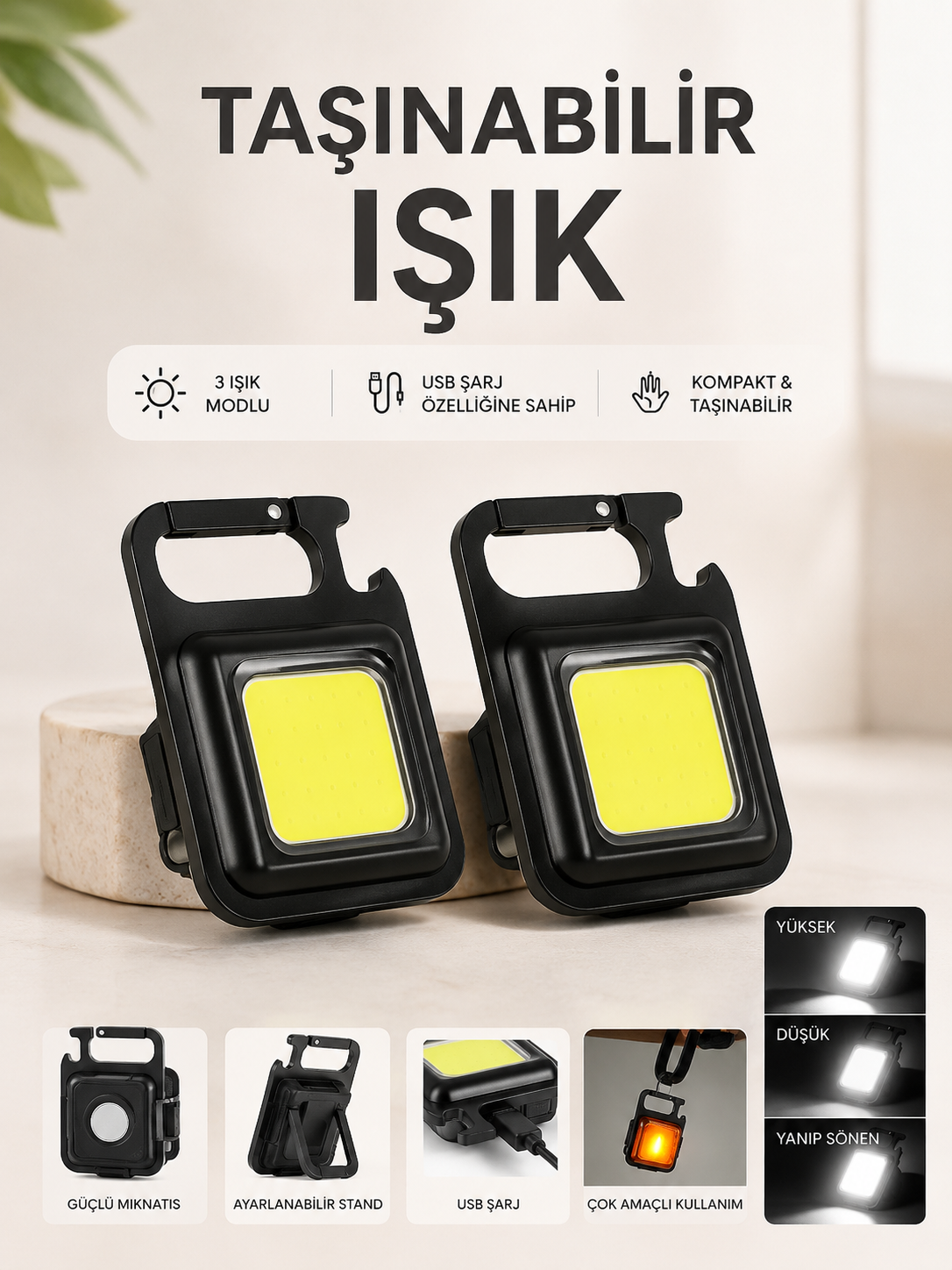TAŞINABİLİR IŞIK 3 IŞIK MODLU USB ŞARJ ÖZEELİĞİNE SAHİP - Lisinya