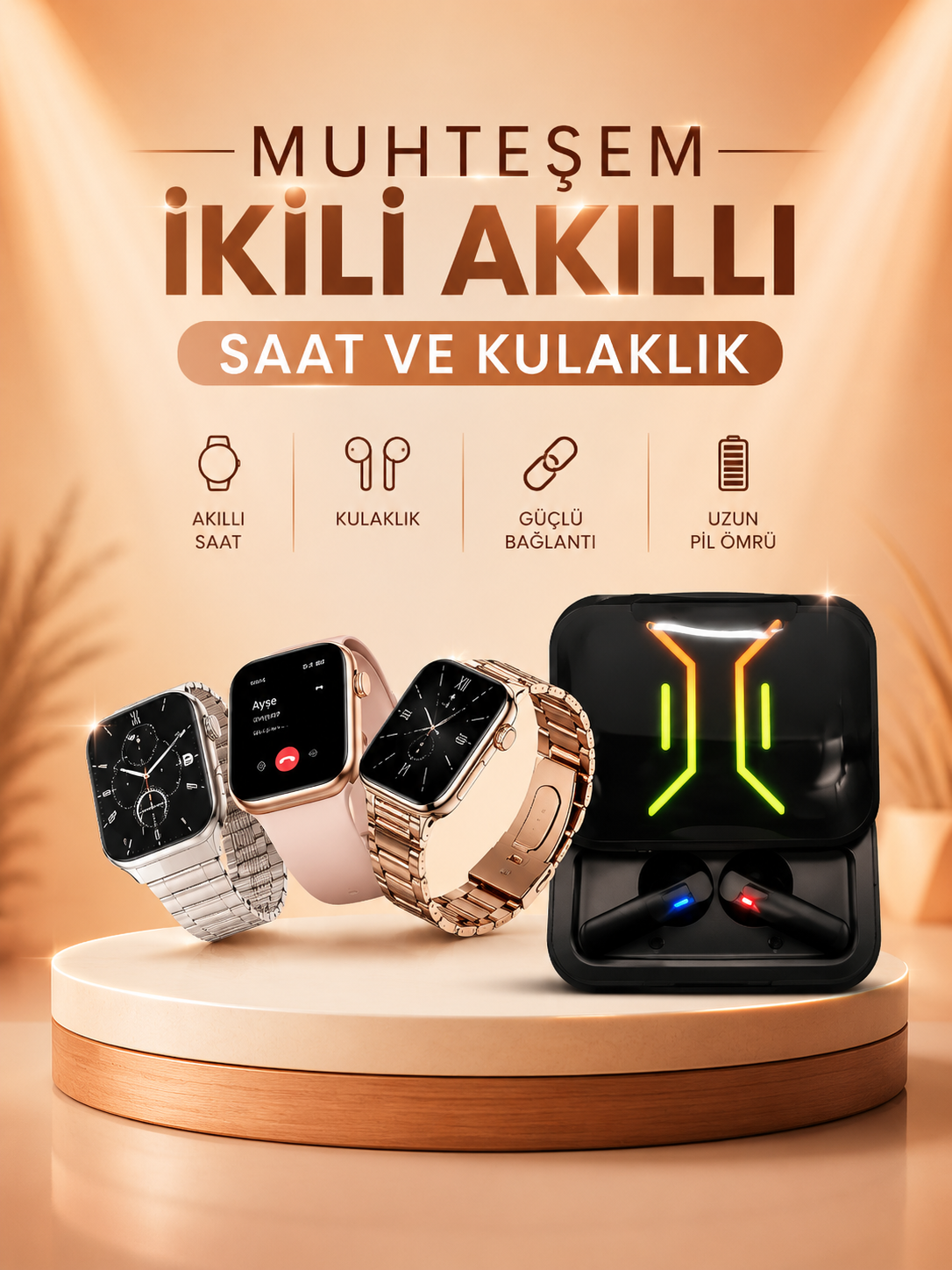Wireless Şarjlı Akıllı Saat ve Dijital Göstergeli Kablosuz Bluetooth Kulaklık Nabız Ölçer - Lisinya
