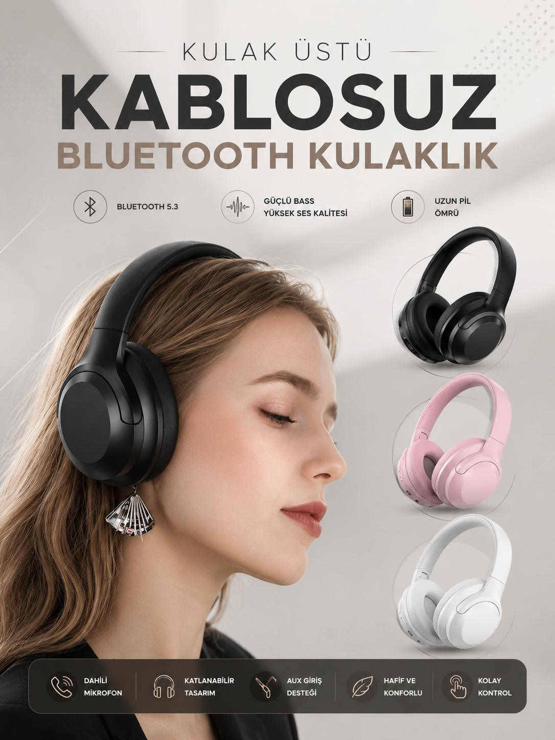 Kablosuz Bluetooth Kulaklık ANC/ENC Destekli Kulak Üstü Yüksek Ses Kaliteli - Lisinya