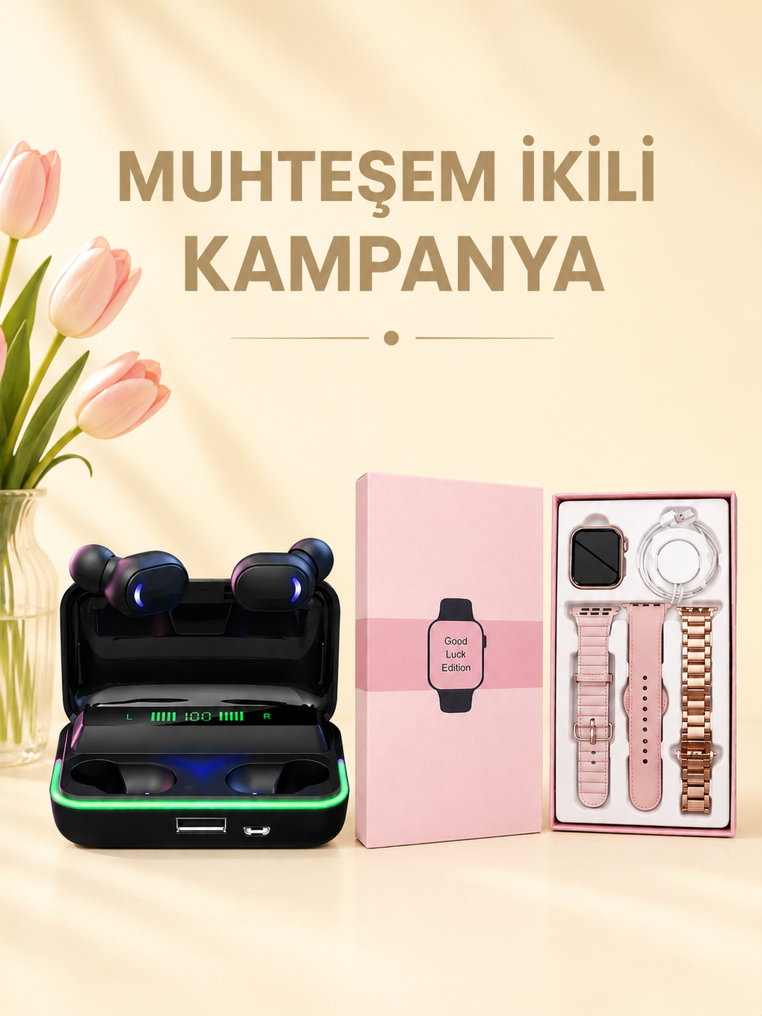 Kadınlara Özel Bileklik Hediyeli Akıllı Saat ve Dijital Göstergeli ANC Özellikli Bluetooth Kulaklık - Lisinya