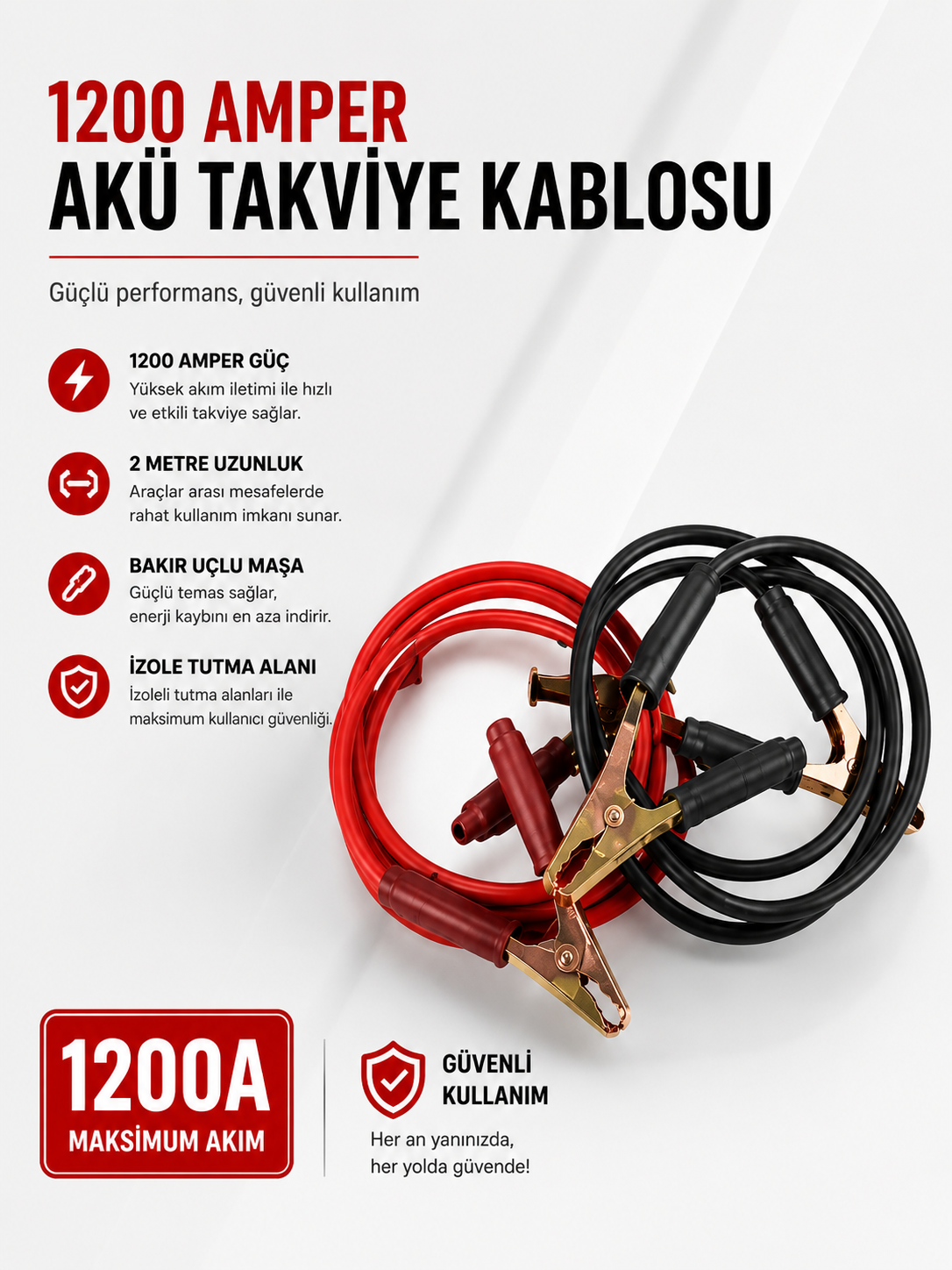 1200 Amper Akü Takviye Kablosu 2 Metre Bakır Uçlu - Lisinya