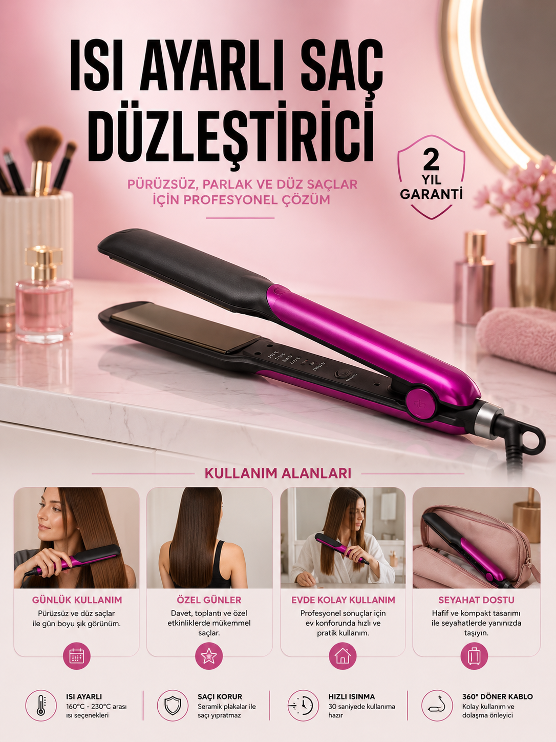Saç Düzleştirici Isı Ayarlı Seramik Kaplama Döner Kablo Yıpranma Karşıtı - Lisinya Saç Düzleştirici Isı Ayarlı Seramik Kaplama Döner Kablo Yıpranma Karşıtı - Lisinya