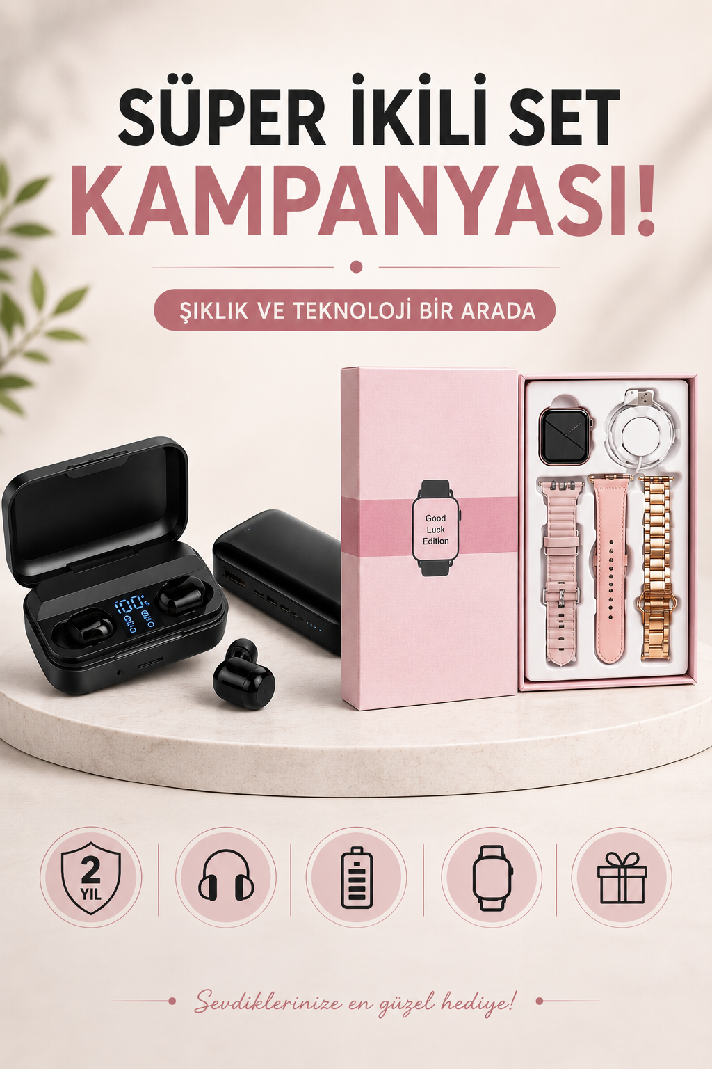 Wireless Şarjlı Pembe Akıllı Saat ve Kablosuz Bluetooth Kulaklık Dokunmatik Kontrol - Lisinya