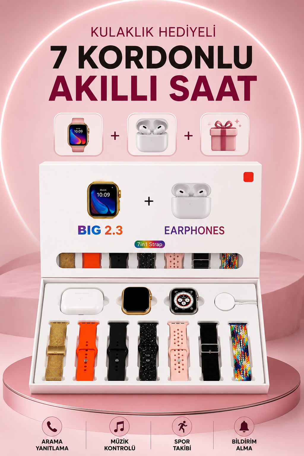 Akıllı Saat Bluetooth Kulaklık Hediyeli Bildirim Görme Sesli Görüşme Çoklu Kordon - Lisinya