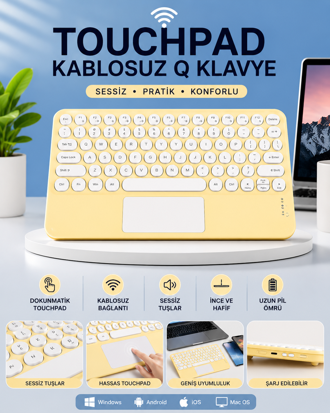 Touchpad Tüm Cihazlara Uyumlu Bluetooth Klavye Touchpad Slim Kablosuz Wifi Q Klavye - Lisinya