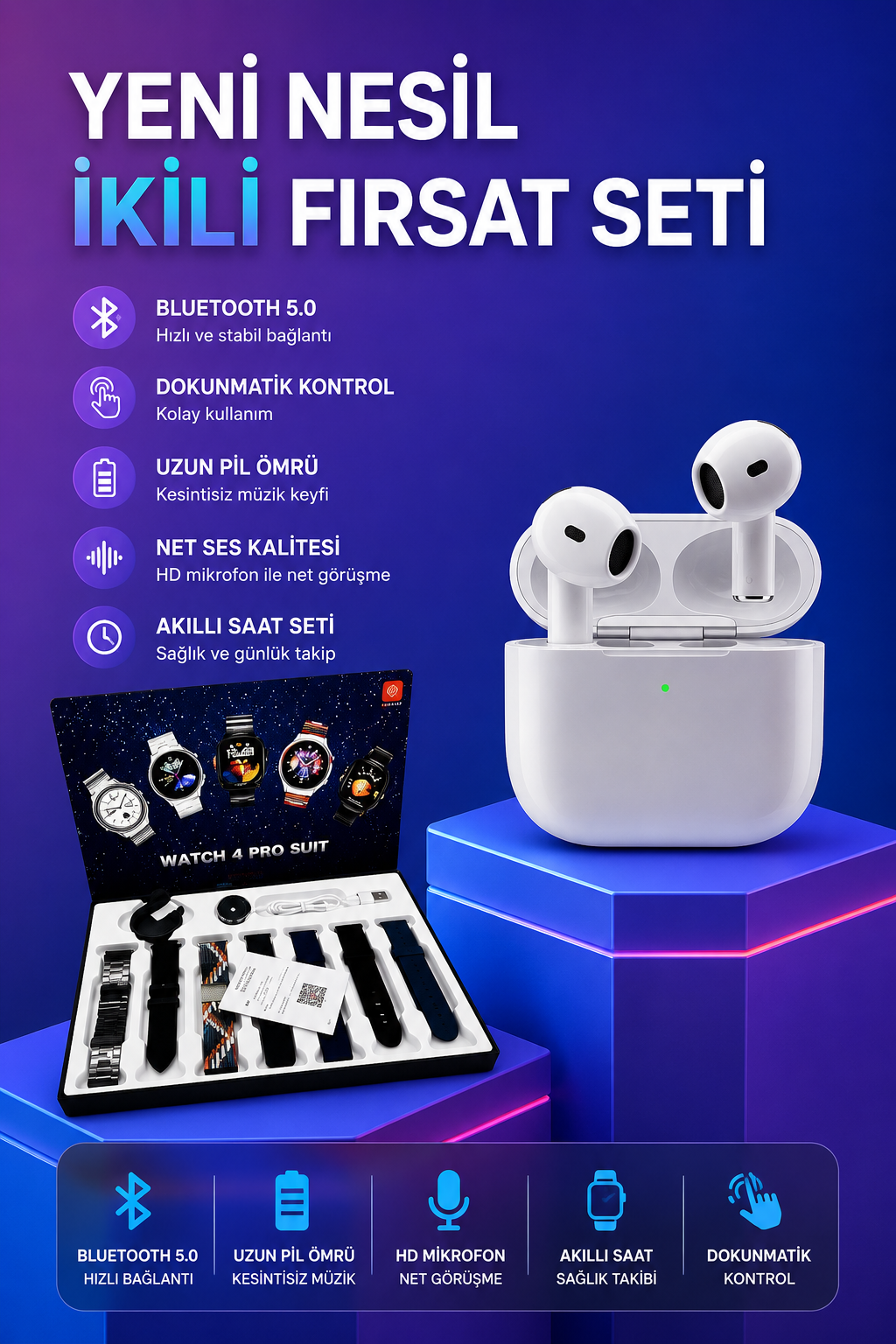 3.Nesil TWS Bluetooth Kulaklık Bluetooth Bağlantılı Akıllı Saat Amoled Ekran Plastik Hasır Kordon - Lisinya