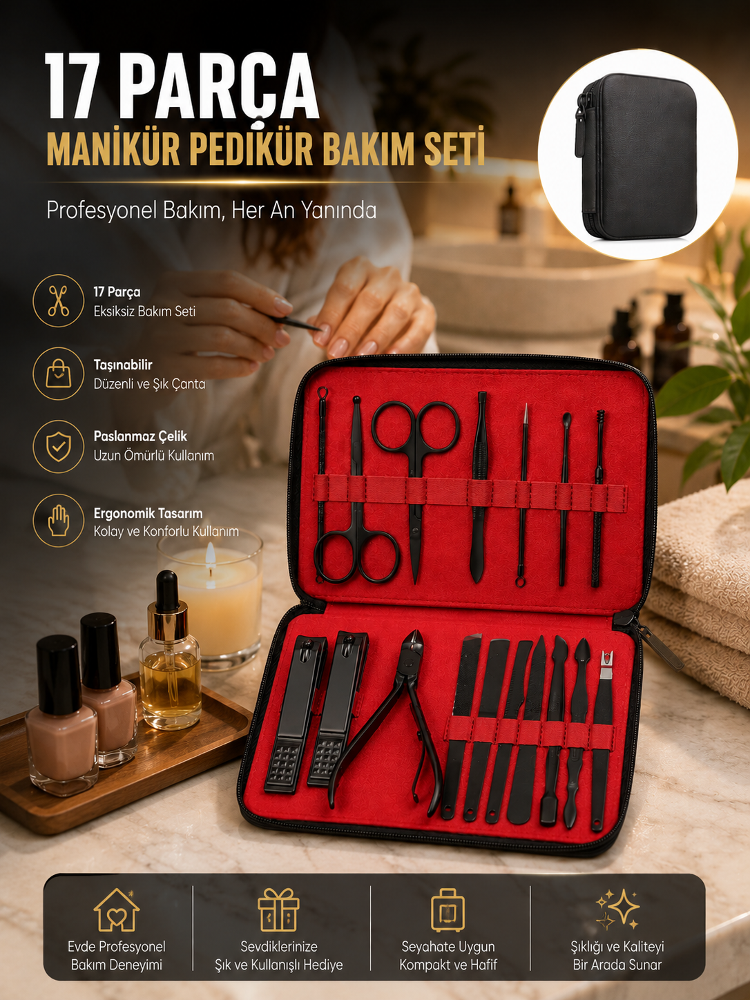 Paslanmaz Çelik 17 Parça Manikür Pedikür Seti ve Taşınabilir Şık Çanta - Lisinya Paslanmaz Çelik 17 Parça Manikür Pedikür Seti ve Taşınabilir Şık Çanta - Lisinya