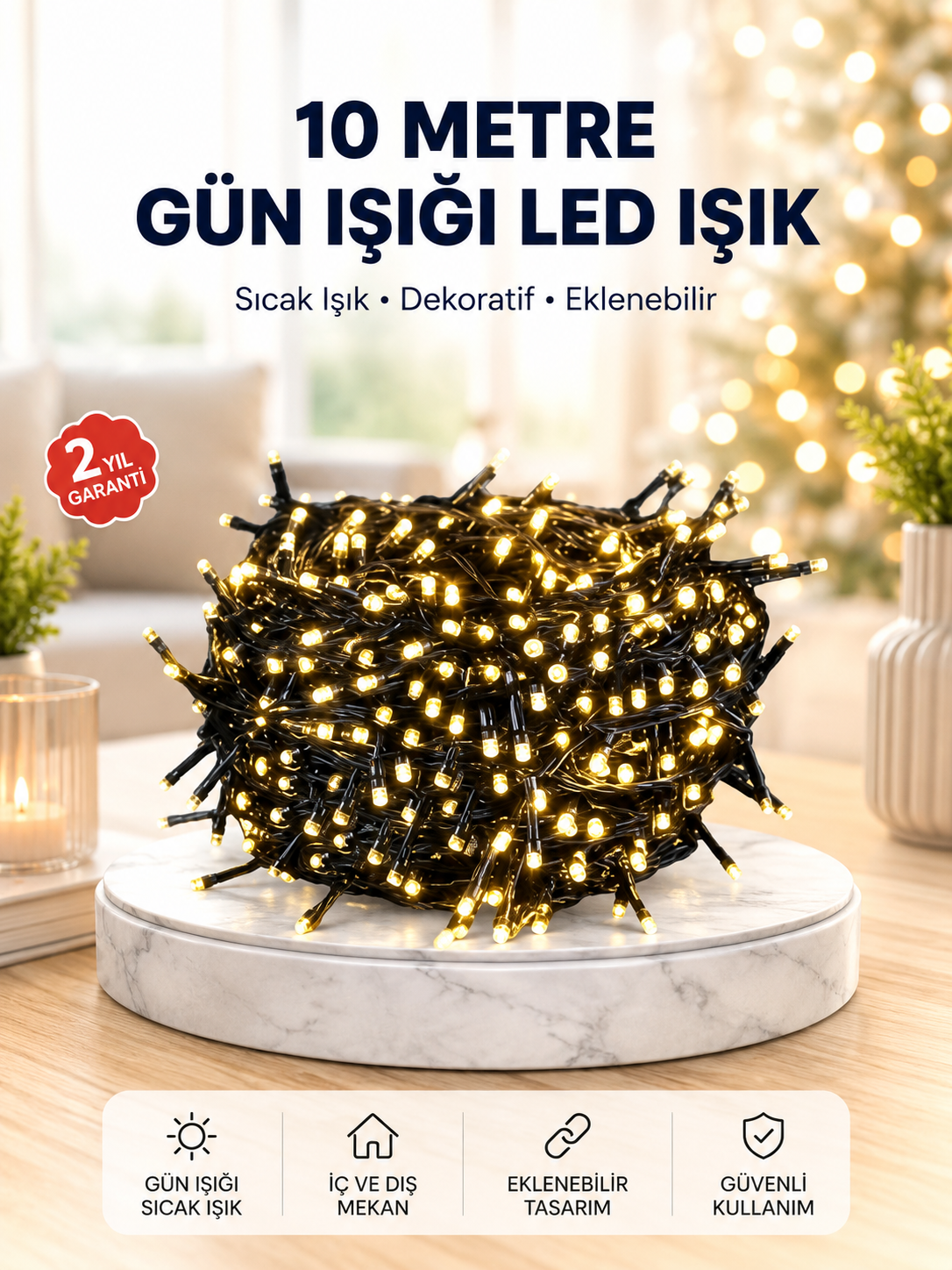 Uzun Ömürlü LED Teknolojili 10 Metre Şık Işıklı Süsleme Seti - Lisinya