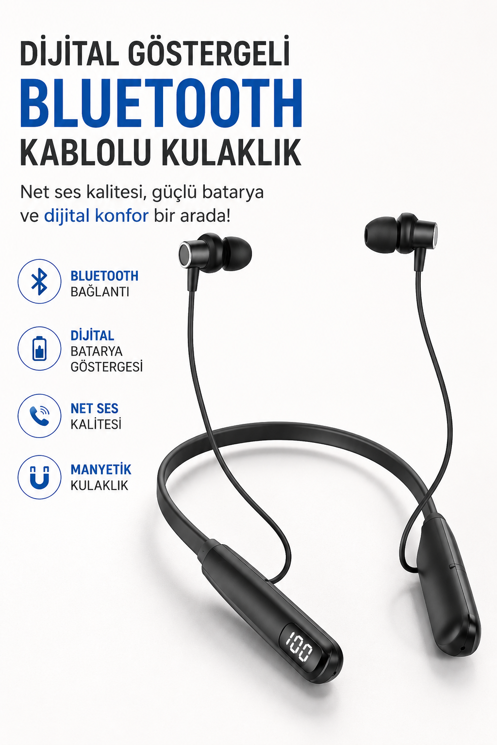 Dijital Batarya Göstergeli Bluetooth Özellikli Boyun Askılı Kulaklık - Lisinya