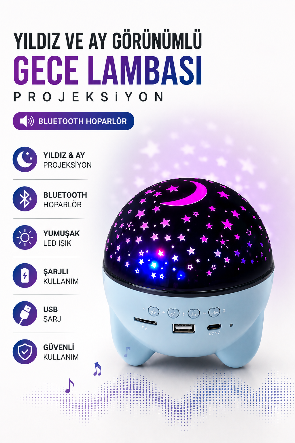 Gökyüzü Temalı Bluetooth Ve Hoparlörlü Şarjlı Çocuk Gece Lambası - Lisinya