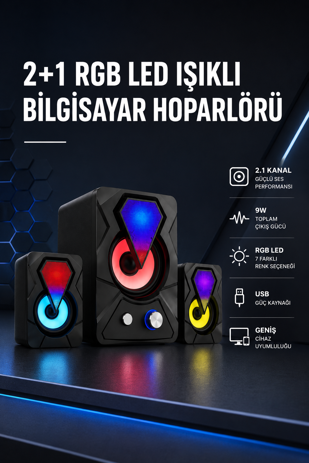 2+1 RGB LED Işıklı Güçlü Bas Sistemli Bilgisayar Hoparlörü - Lisinya