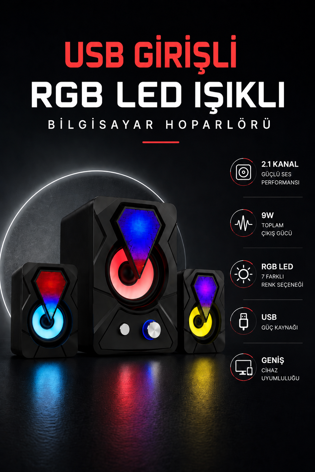 RGB LED AYDINLATMALI USB BİLGİSAYAR OYUN HOPARLÖRÜ - Lisinya