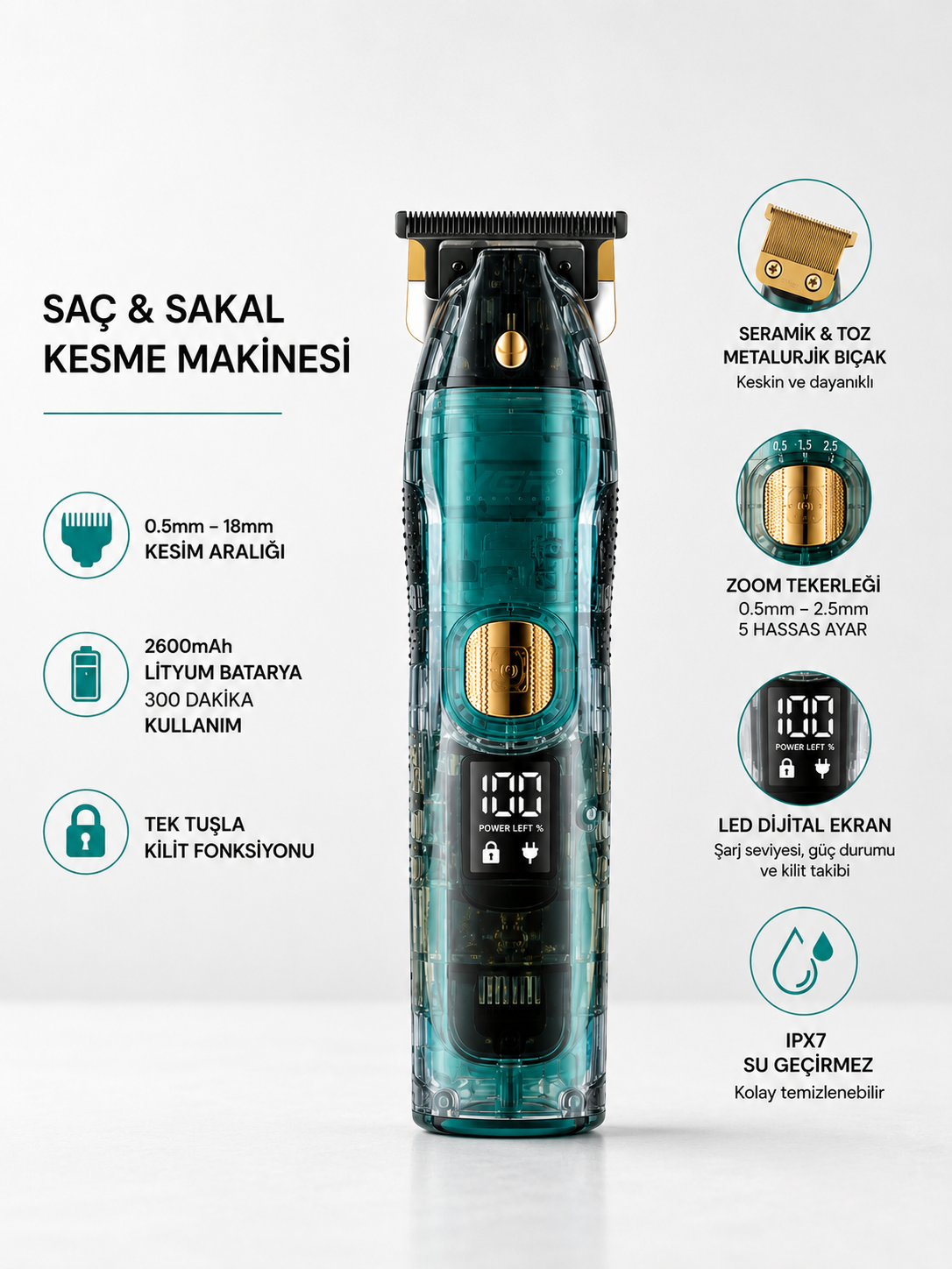 Saç ve Sakal Kesme Makinesi LED Ekranlı Profesyonel  5 Adet Uzunluk Ayarı - Lisinya