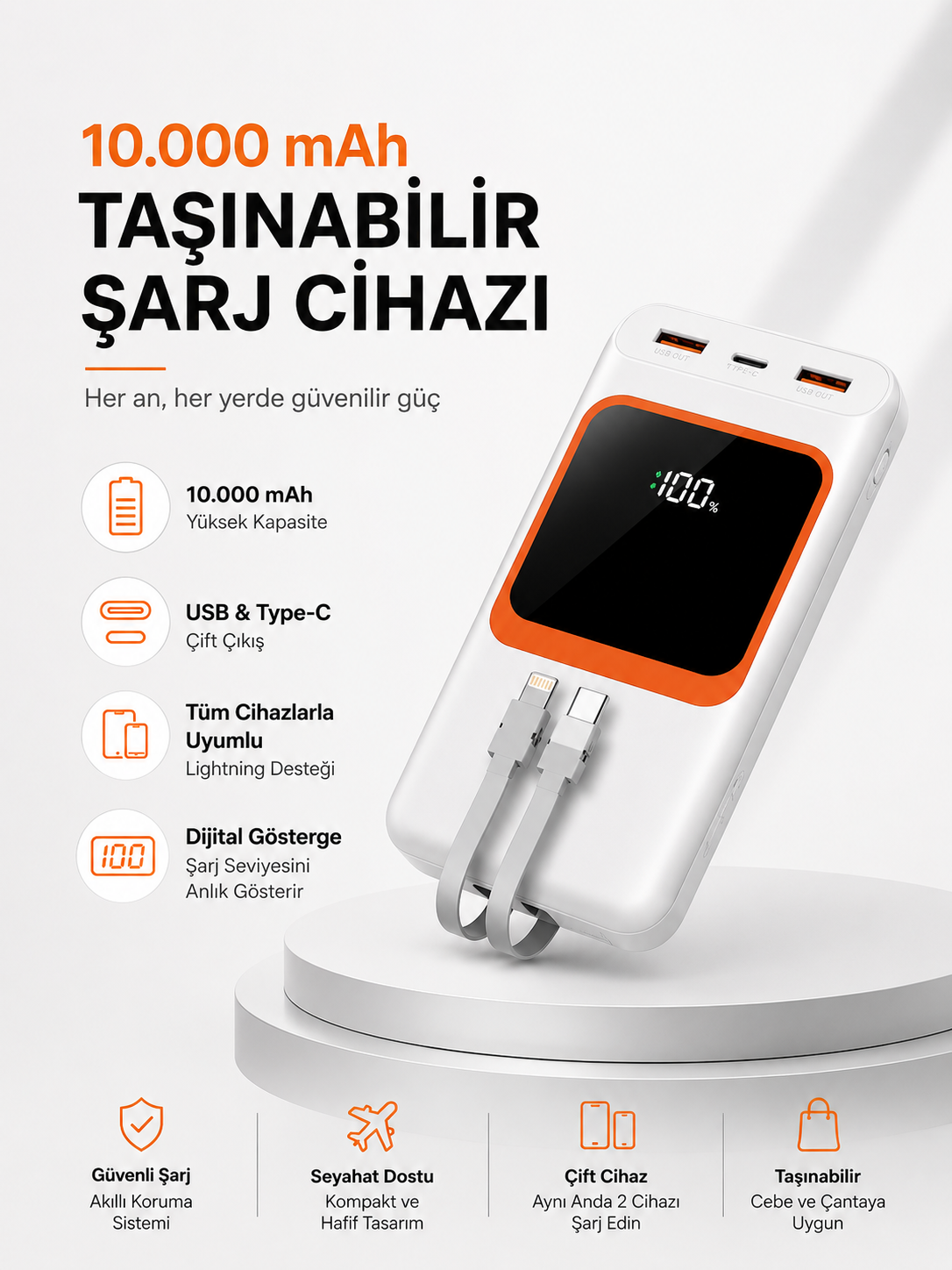 10.000 mAh Bataryalı, Dijital Göstergeli Taşınabilir Powerbank - Lisinya