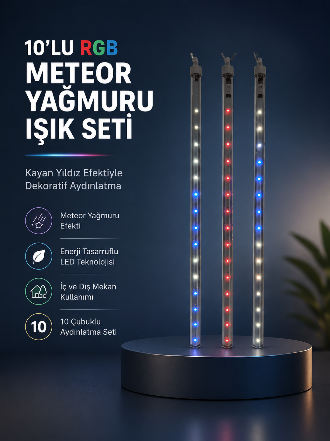 Dekoratif RGB LED Işık Çubuğu Seti 10 Adet Çubuk Kayan Yıldız Efektli - Lisinya