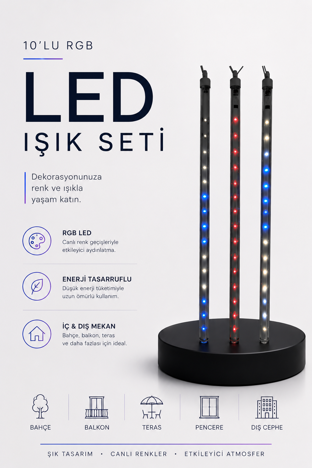 RGB LED Dış Ve İç Mekan Süsleme Işığı 10 Çubuklu Şerit - Lisinya