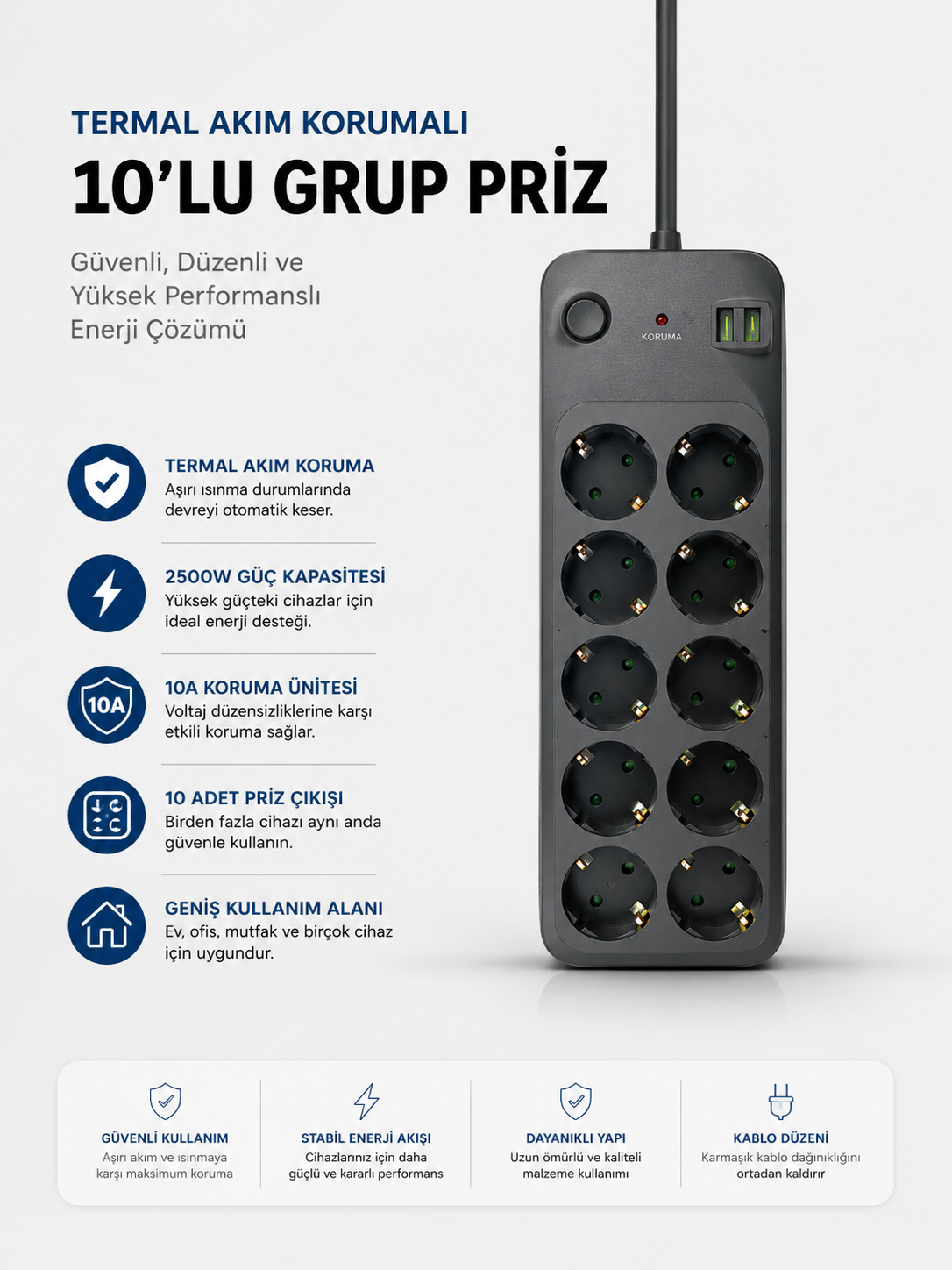 Termal Akım Korumalı USB Type-C Girişli 10'lu Grup Priz 2500W Güç Kapasitesi - Lisinya