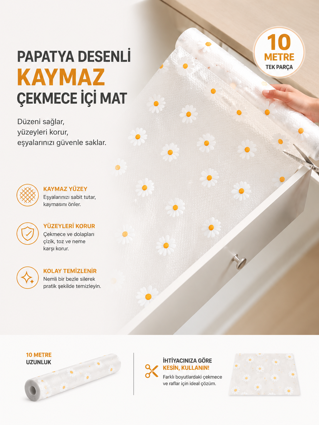 Papatya Desenli Kaymaz Dolap Ve Çekmece İçi Mat 10 Metre - Lisinya