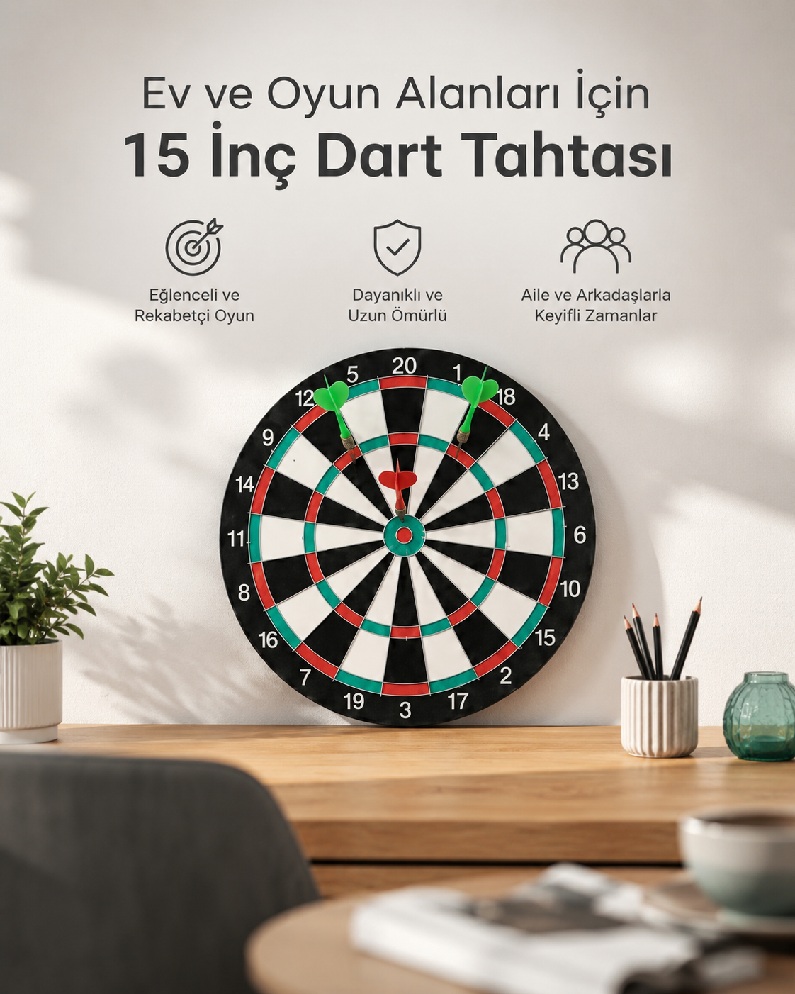 15 İnç Büyük Boy Dart Tahtası Ev Oyun Seti 4 Adet Metal Uç Oklu - Lisinya