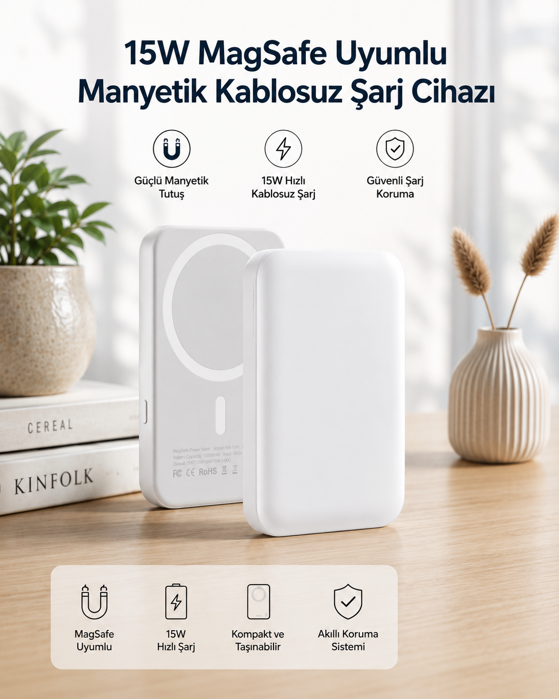 15W MagSafe Uyumlu Manyetik Kablosuz Powerbank 5000 mAh - Lisinya