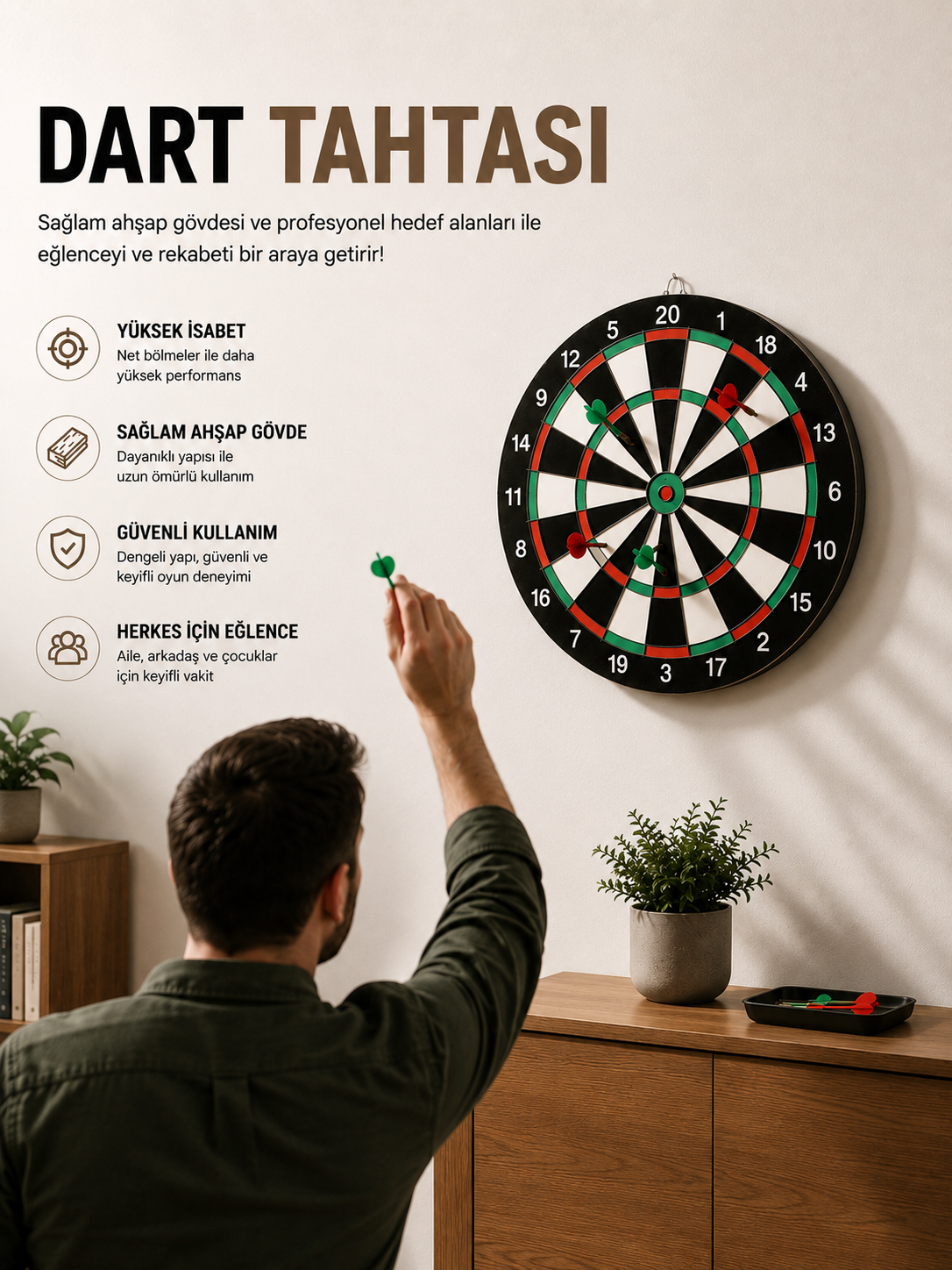 17 İnç Dart Tahtası Sağlam Ahşap Gövde ve Uzun Ömürlü Kullanım - Lisinya